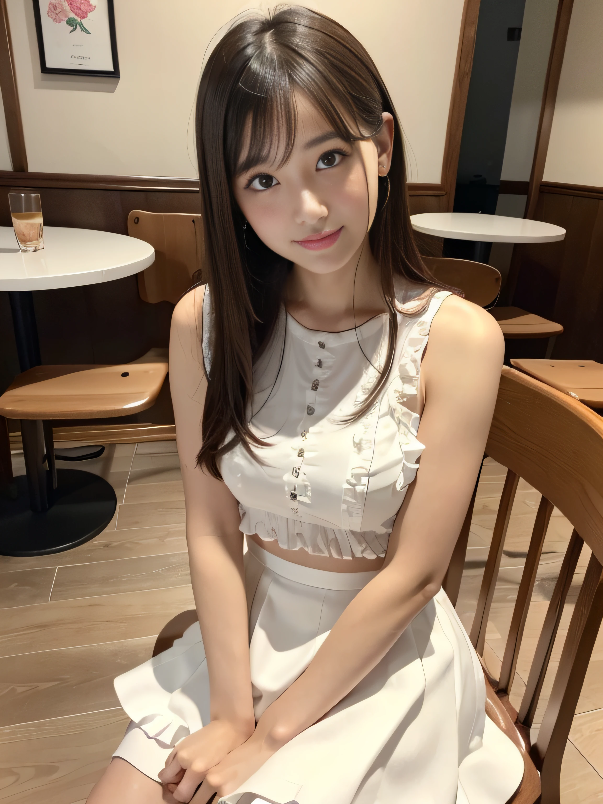 8K、Raw photography、(masuter piece:1.2)、(Photorealsitic:1.2)、(best qualtiy)、((Sleeveless with white frills))、((Adult woman in floral skirt))、((japanes、25-years old))、Light brown hair in one woman、((full body Esbian))、make - up、Smart body、A smile、Poses variadas、hyperdetailed face、A detailed eye、((No close-ups))、(Inside the café、Sitting on a chair)