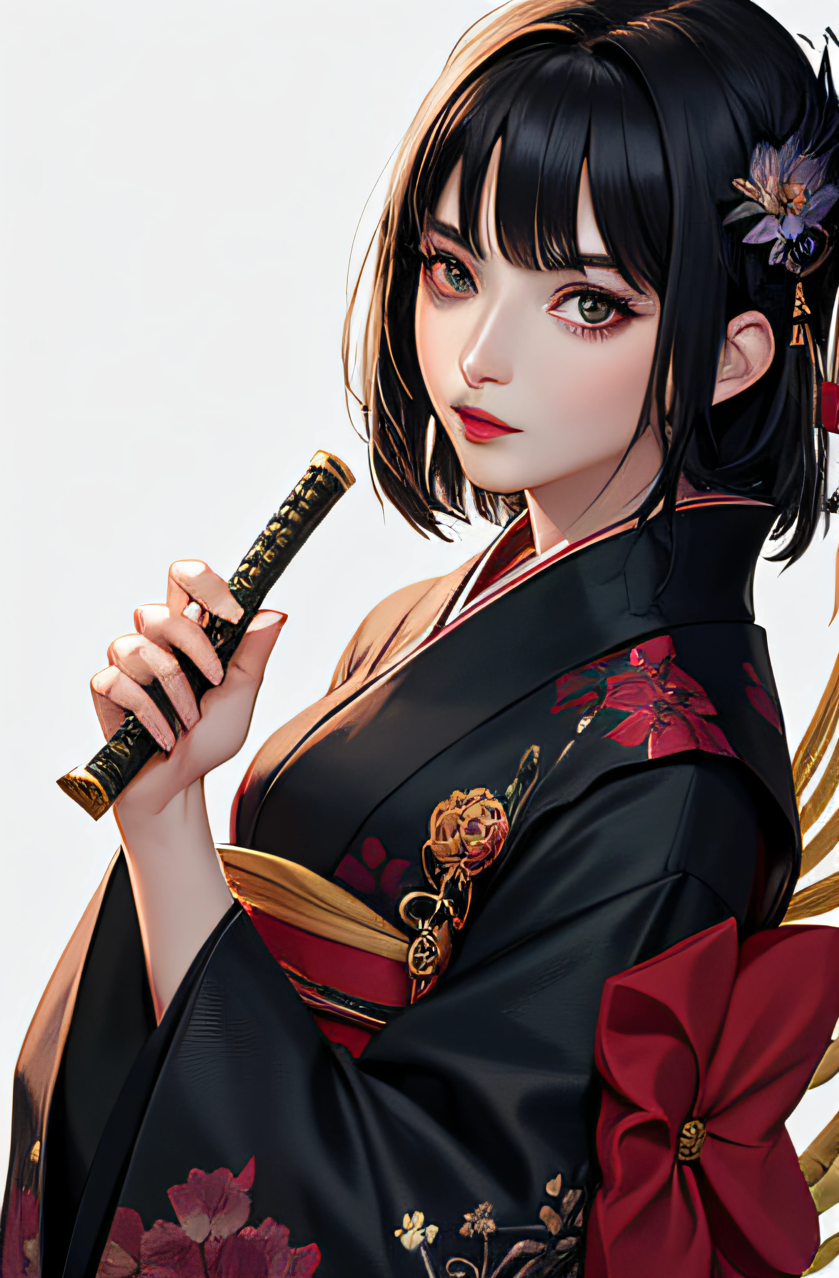Female, fantasy art, 5 fingers, black hair, Japanese sword randomly placed on background, iris of eyes dark green, lips moderately pale, lip color light red, kimono, kimono white with crane embroidery