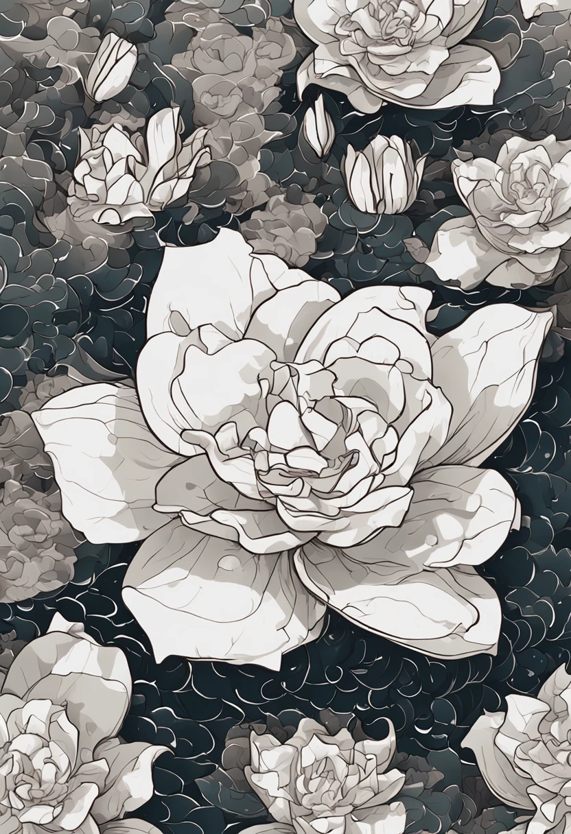 White gardenia floating on the sea,Broken petals are scattered on the sea,Rain hit the sea,Dark and gloomy sky
