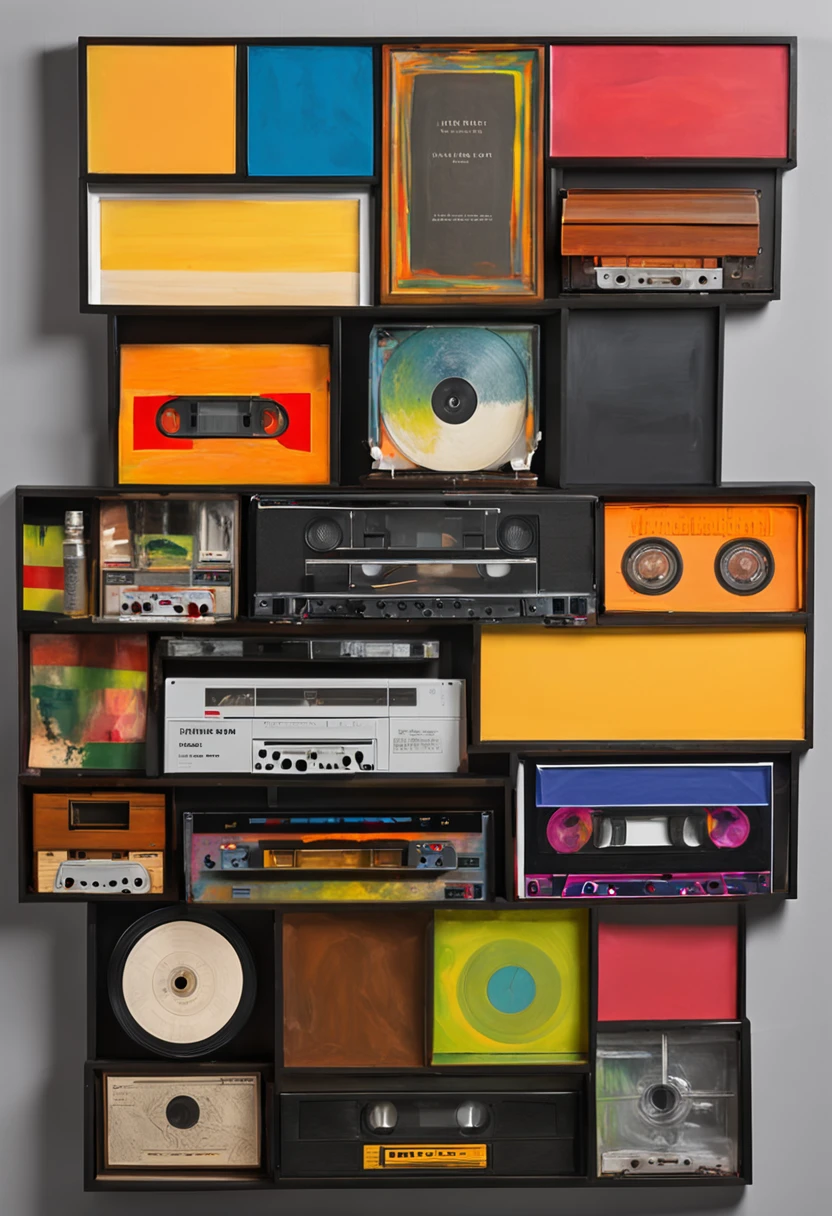 design professional photography,flat black background, shelf with cassettes and vinyl discs ((black background)) capture the spirit of music multi-colored covers