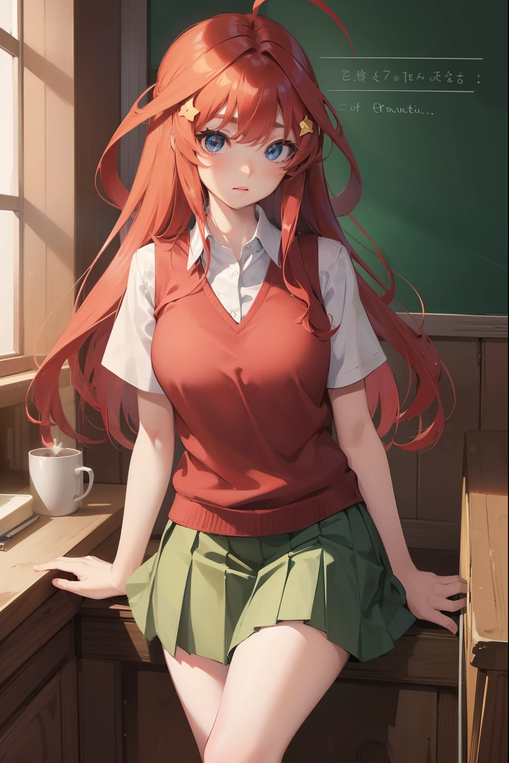 itsukinakano, itsuki nakano, bangs, blue eyes, hair between eyes, ahoge, red hair, star \(symbol\), hair ornament, star hair ornament,
BREAK skirt, shirt, school uniform, collarbone, white shirt, short sleeves, pleated skirt, socks, collared shirt, miniskirt, kneehighs, white socks, green skirt, sweater vest, red sweater vest,
BREAK indoors, school, classroom,
BREAK looking at viewer, BREAK (masterpiece:1.2), best quality, high resolution, unity 8k wallpaper, (illustration:0.8), (beautiful detailed eyes:1.6), extremely detailed face, perfect lighting, extremely detailed CG, (perfect hands, perfect anatomy),