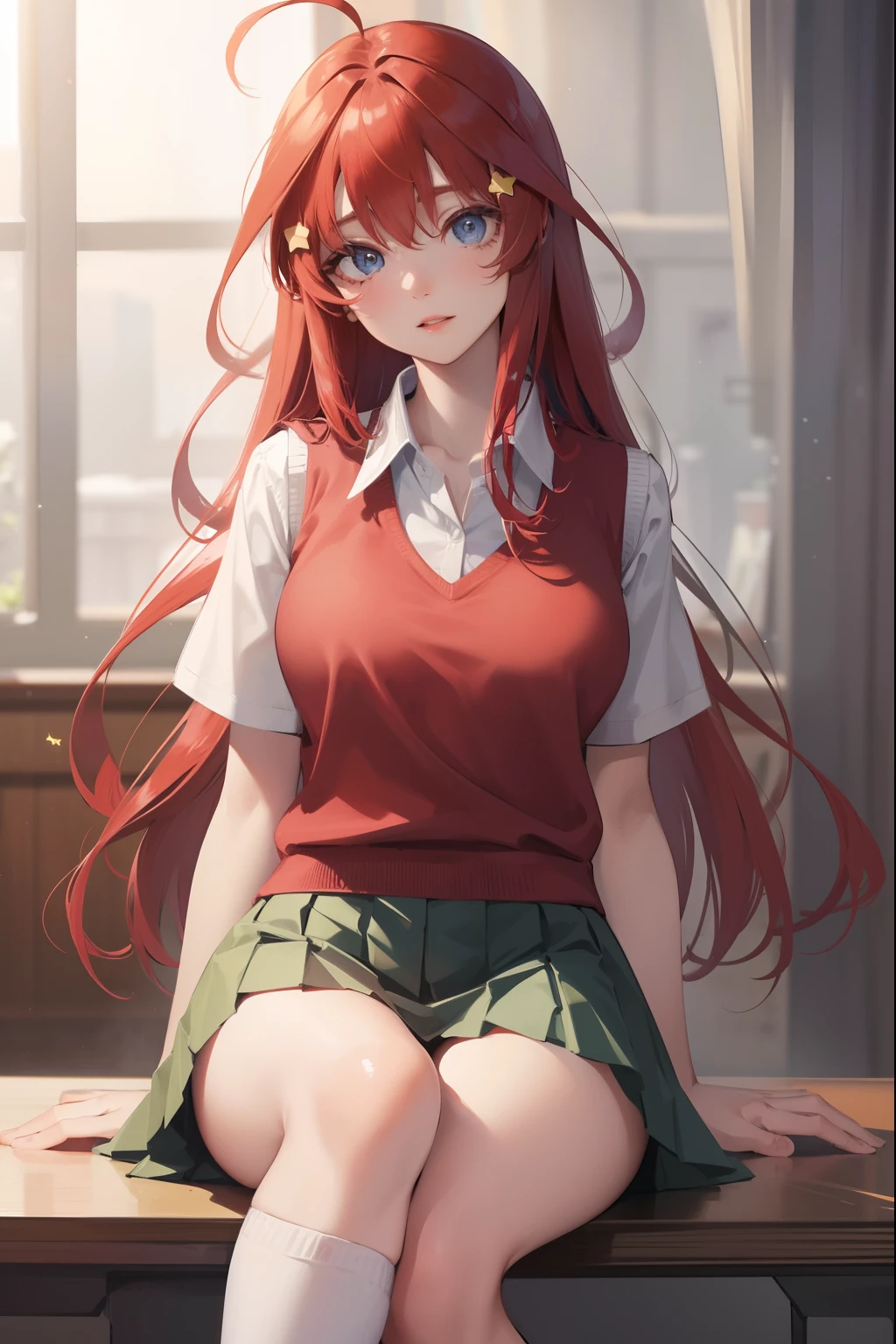 red orange long hair、Green skirt、hi-school girl、Star-shaped hair ornament、Pink cardigan、red blush、embarassed face、red blush、Teary-eyed、Solo、(no bra),(no panties),(pussy juice)、(pussy juice),(Masturbate),dildo in the vagina,book library