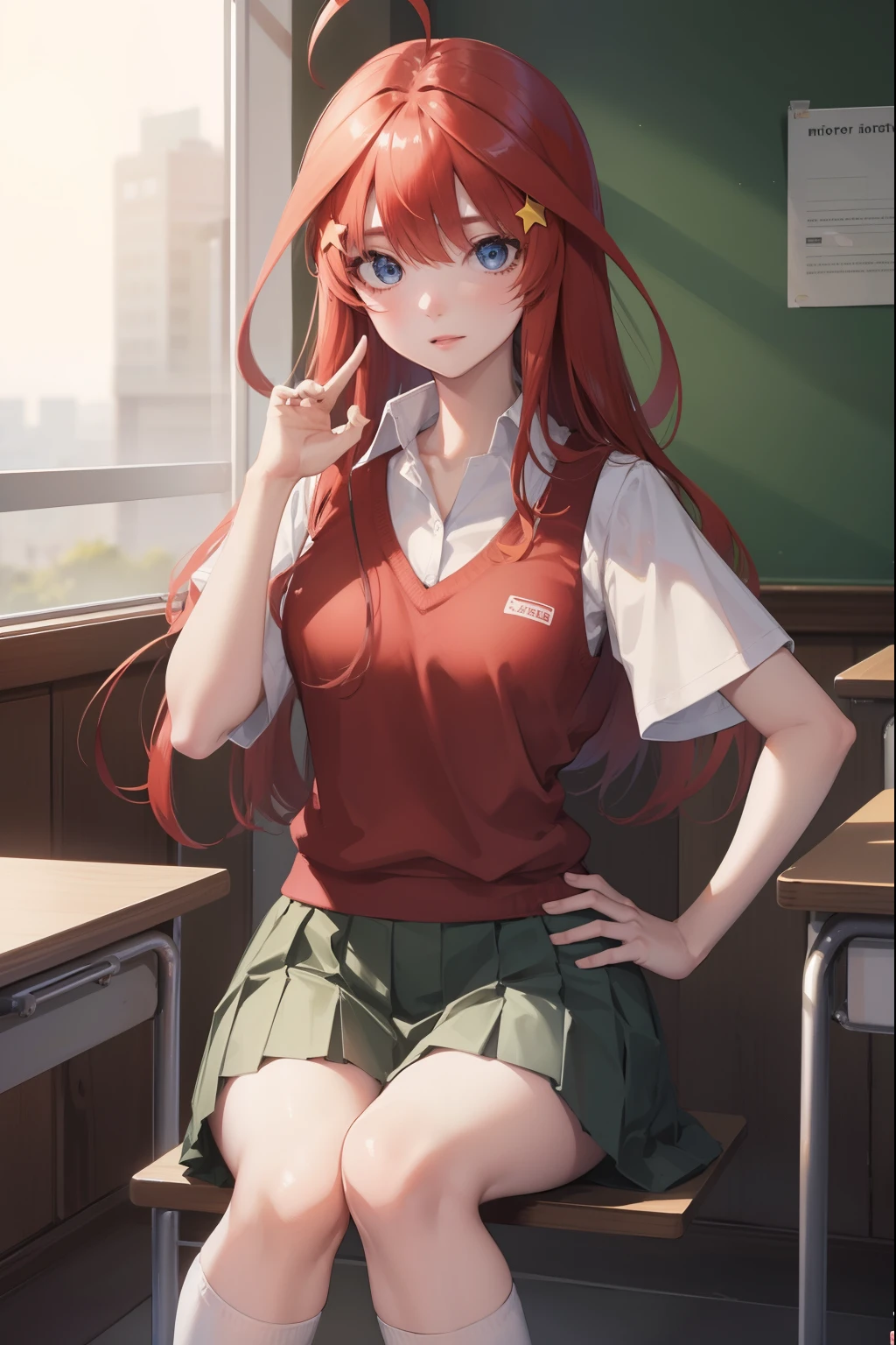 itsukinakano, itsuki nakano, bangs, blue eyes, hair between eyes, ahoge, red hair, star \(symbol\), hair ornament, star hair ornament,
BREAK skirt, shirt, school uniform, collarbone, white shirt, short sleeves, pleated skirt, socks, collared shirt, miniskirt, kneehighs, white socks, green skirt, sweater vest, red sweater vest,
BREAK indoors, school, classroom,
BREAK looking at viewer, BREAK (masterpiece:1.2), best quality, high resolution, unity 8k wallpaper, (illustration:0.8), (beautiful detailed eyes:1.6), extremely detailed face, perfect lighting, extremely detailed CG, (perfect hands, perfect anatomy),