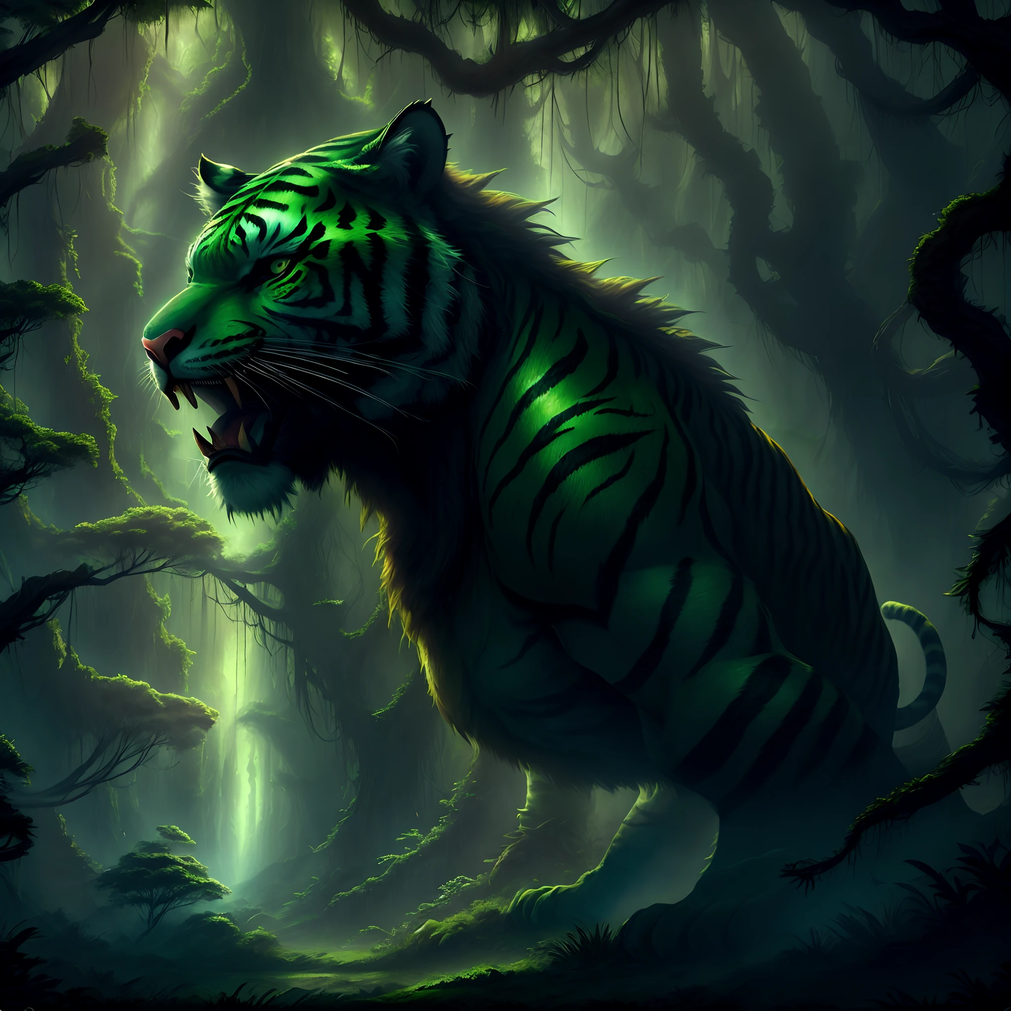 In the forest,A green tiger is roaring