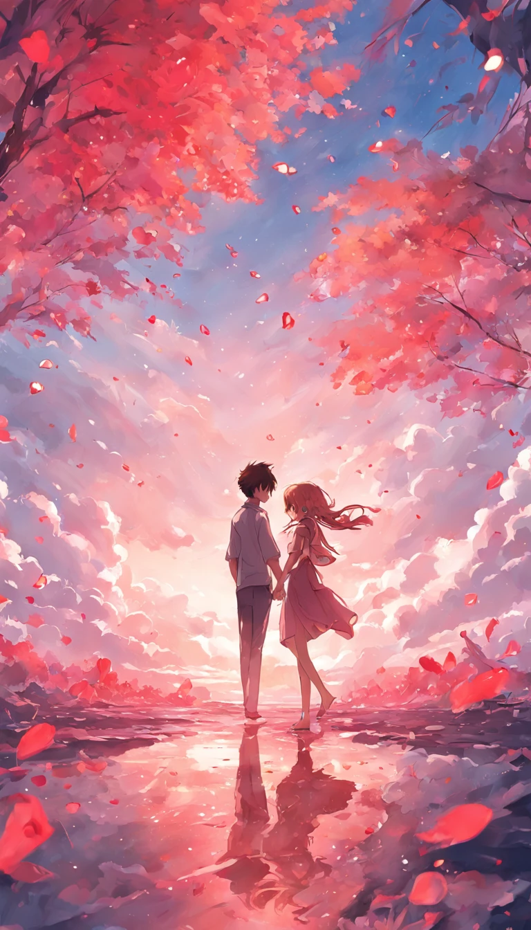 In a romantic atmosphere,couple cuddling,Stroll through the Sea of Roses,Under the blue sky and white clouds,Feel the romantic theme of Valentine's Day。