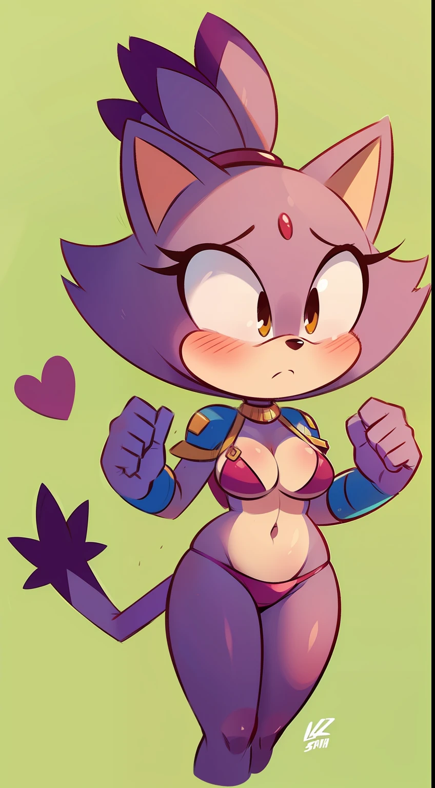 Blaze the cat, cute, blushing, wide hips, breast, bikini armor, cute