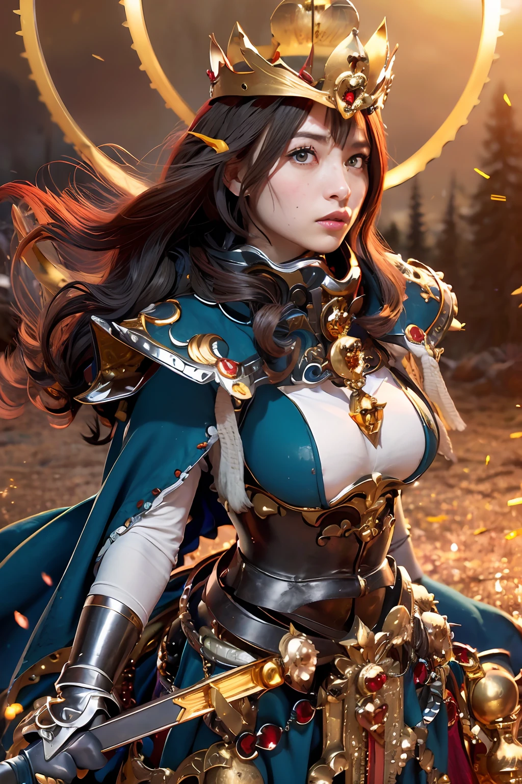 (masutepiece), Professional , masterpiece、top-quality、photos realistic , depth of fields ,(Wind element),close-up,dream magical,tornado,Lightning,(Gemstone Gold Jewel Body:1.6),(Matte Blue、Jewel Gold Weapon_、(Metal:1.4),Gorgeous Jewel Metal Weapons ,(( Detailed Sword of the Brave)) , Black castle background ,warhammer 40k , adepta sororitas,Detail and ornate jewel crown、Brown hair、((Gangle's forest background))、Beautiful Caucasian beauty、1a person、dynamic ungle,(((Detailed and ornate diamond crown)))、Particles of light、cleavage of the breast、Battle Pose、