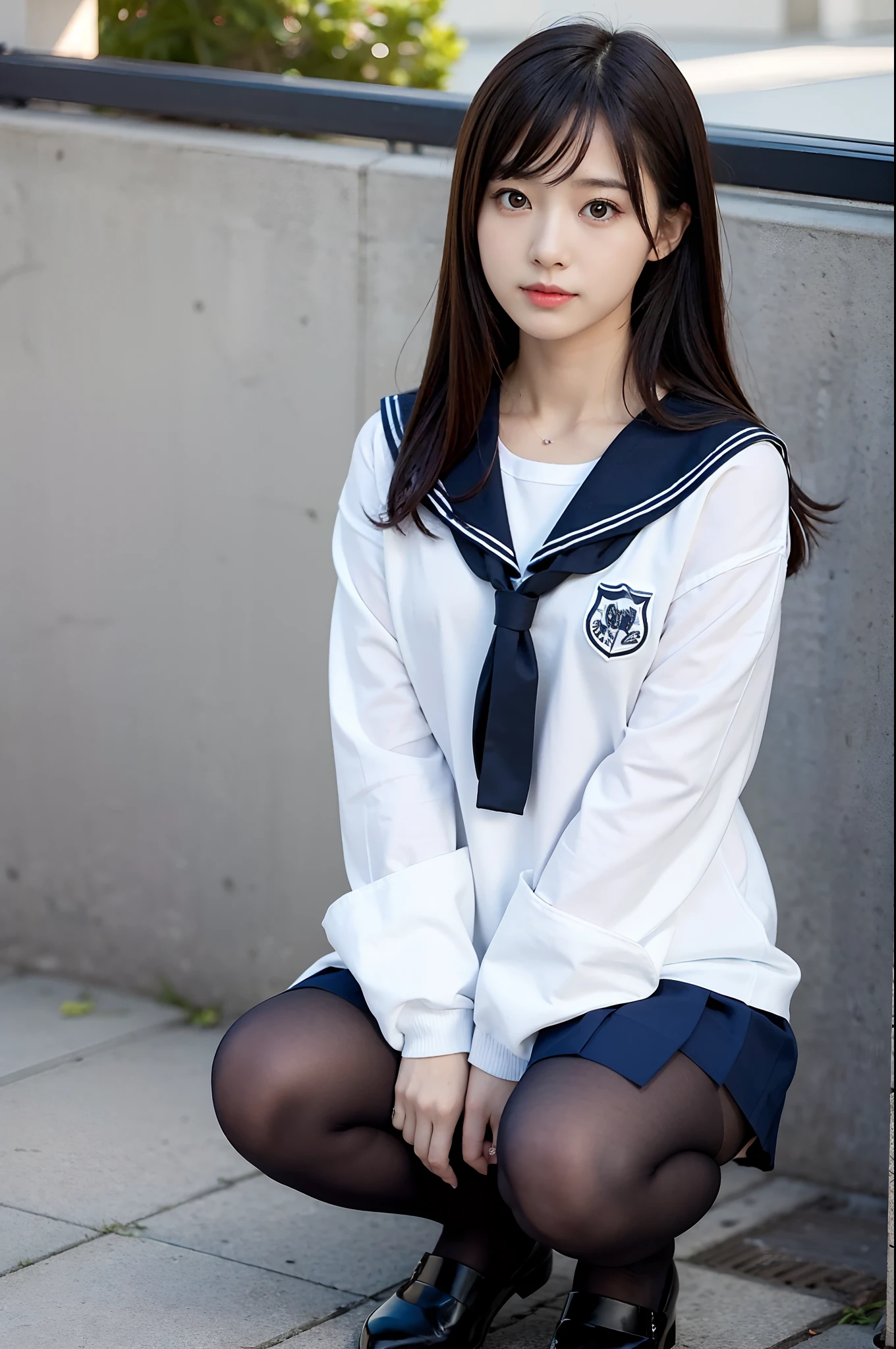 face is :9,1714884241], Girl wearing a serafuku with a skirt in hand, Sailor clothing、Raw photo、Wearing black pantyhose、wearing small white panties、upskirt, a hyperrealistic schoolgirl, Realistic Schoolgirl, Beautiful girl squatting, a hyperrealistic schoolgirl, Fine details. Show Crotch Pants, Ecchi style, Ecchi, thighs thighs thighs thighs!!!
