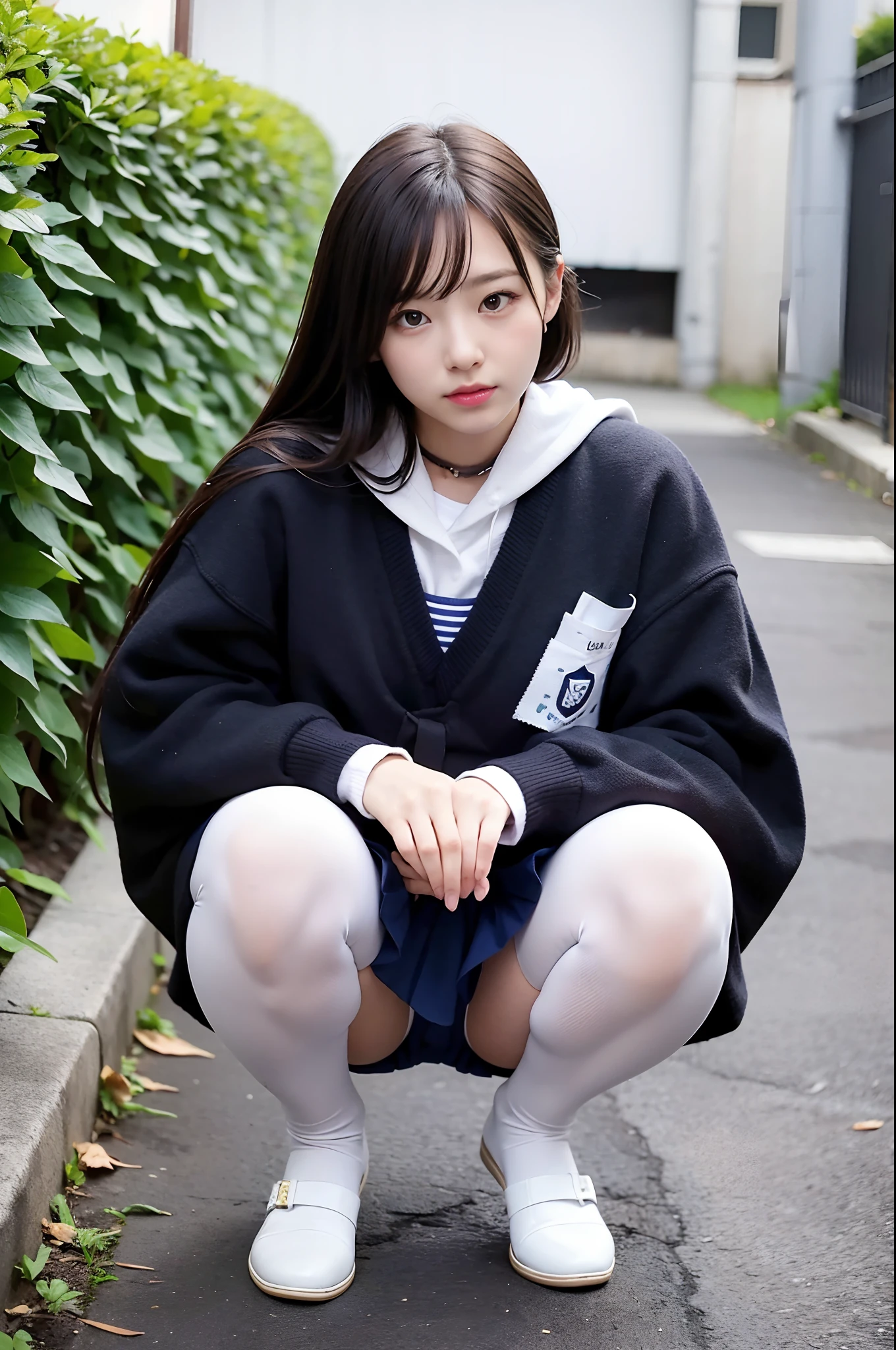 face is :9,1714884241], Girl wearing a serafuku with a skirt in hand, Sailor clothing、Raw photo、Wearing black pantyhose、wearing small white panties、upskirt, a hyperrealistic schoolgirl, Realistic Schoolgirl, Beautiful girl squatting, a hyperrealistic schoolgirl, Fine details. Show Crotch Pants, Ecchi style, Ecchi, thighs thighs thighs thighs!!!