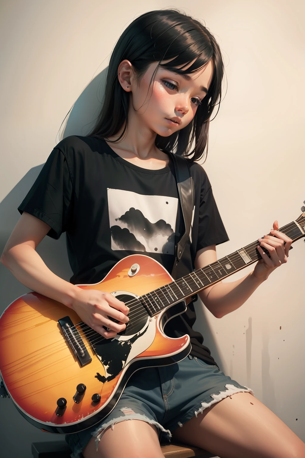 Teenager playing guitar ink painting