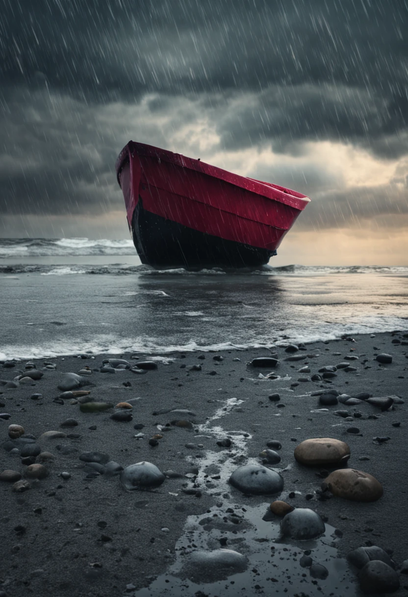 A broken cap floating at sea，Rain hit the sea，Dark and gloomy sky