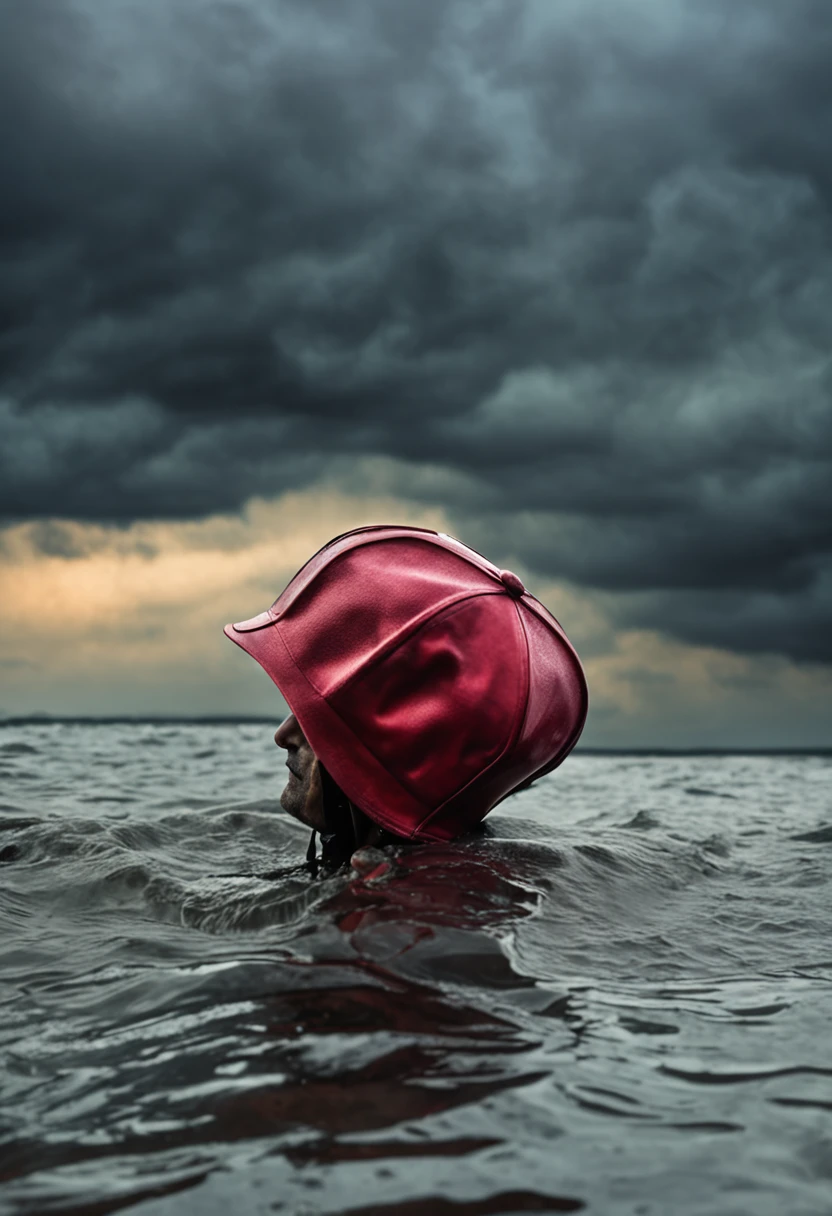 A broken cap floating at sea，Rain hit the sea，Dark and gloomy sky