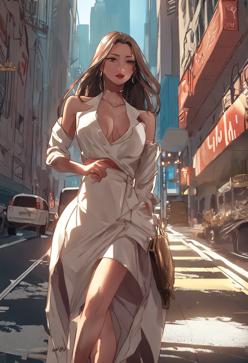 ((Best Picture Quality, 8k, tmasterpiece:1.3)), sharp:1.2, perfect figure beautiful woman:1.4, Slim abs:1.2, ((Layered Hair Style, huge tit:1.2)), (Bandeau dress white：1.1），the city street：1.2，Highly detailed facial and skin texture，詳細な目，二重まぶた，Brown hair long，The dress is thin，Hands behind you，Squat，The reveal panties，Expose cleavage。