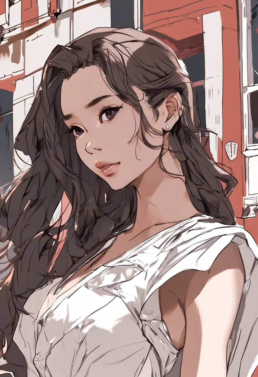 ((Best Picture Quality, 8k, tmasterpiece:1.3)), sharp:1.2, perfect figure beautiful woman:1.4, Slim abs:1.2, ((Layered Hair Style, huge tit:1.2)), (Bandeau dress white:1.1),the city street:1.2,Highly detailed facial and skin texture,詳細な目,二重まぶた,Brown hair long,The dress is thin,Hands behind you,Squat,The reveal panties,Expose cleavage。