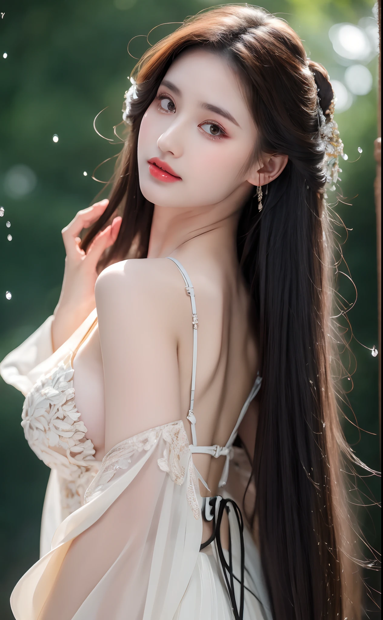 ((Best Quality, 8k, Masterpiece: 1.3)), Focus: 1.2, Perfect Body Beauty: 1.4, Buttocks: 1.2, ((Layered Haircut)), (Wet Clothes: 1.1), (Rain, Street:1.3), (Breasts: 1.2), (Hanfu: 1.2), Bare Shoulders, Bare Legs, Highly Detailed Face and Skin Texture, Fine Eyes, Double Eyelids, Whitened Skin, Long Hair, (Shut Up: 1.5), (Bokeh Background: 1.5), Big Breasts