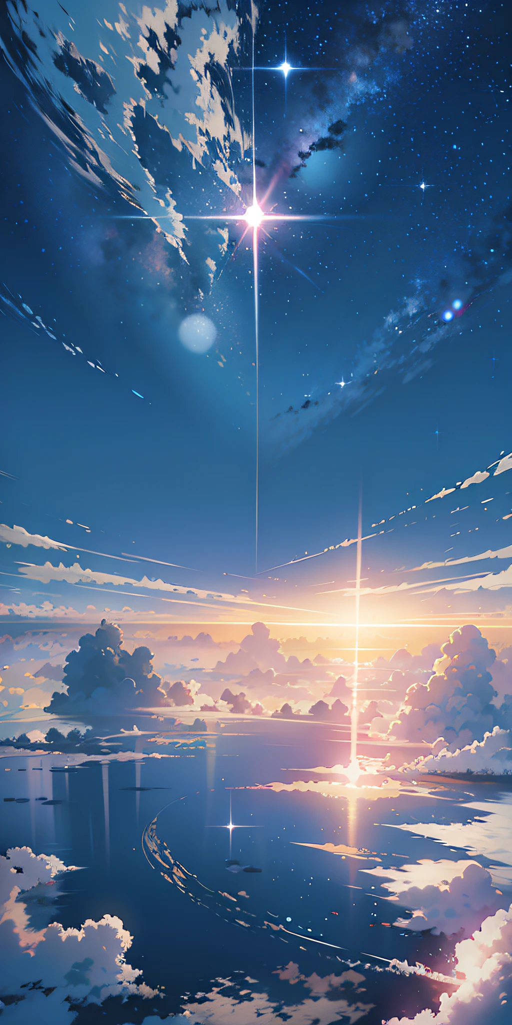 Anime setting of a sunset with a star and a person standing on a boat, cosmic skies. por Makoto Shinkai, Makoto Shinkai Cirilo Rolando, Makoto Shinkai. —h 2160, ( ( Makoto Shinkai ) ), Estilo de Makoto Shinkai, Makoto Shinkai!, por Makoto Shinkai, (jupiter in the midle of sky)