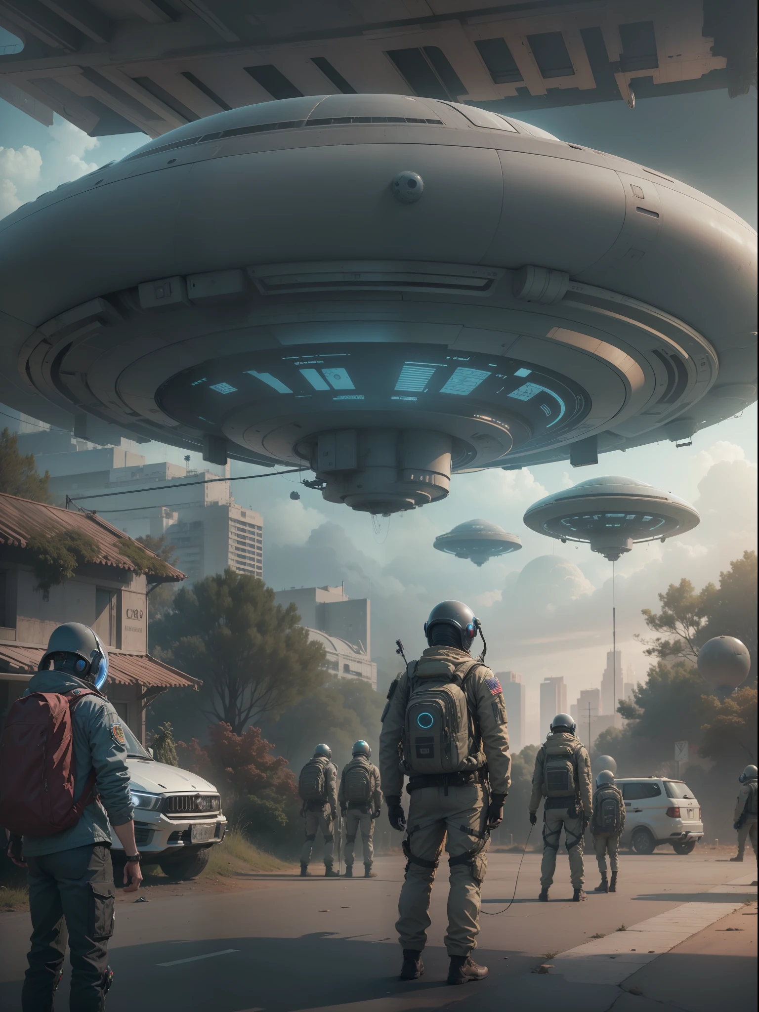 there are many people in the street with large alien flying above, cinematic still frame, vfx render, in formation, inspired by Gustave Baumann, military parade, promotional image, horde of zombies, promotional picture --auto --s2