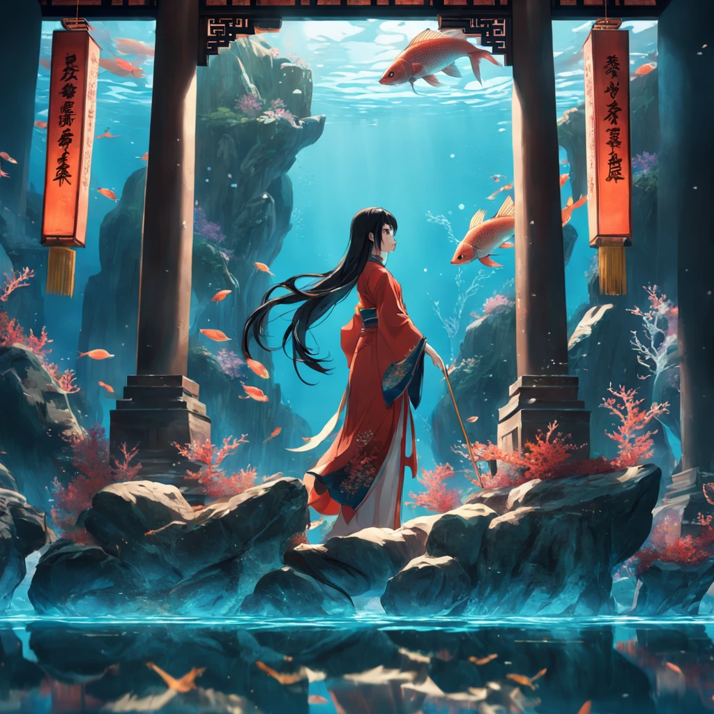 There was a woman standing on a stone in a fish tank, with ancient chinese aesthetic, closeup cinematic aquatic scene, Deep aesthetic, shaxi, japonisme 3 d 8 k ultra detailed, Chinese fantasy, inspired by Liu Jun, chinese artist, Underwater temple with fish, ancient china art style, hua cheng, aesthetic shot, highly aesthetic, Chinese style