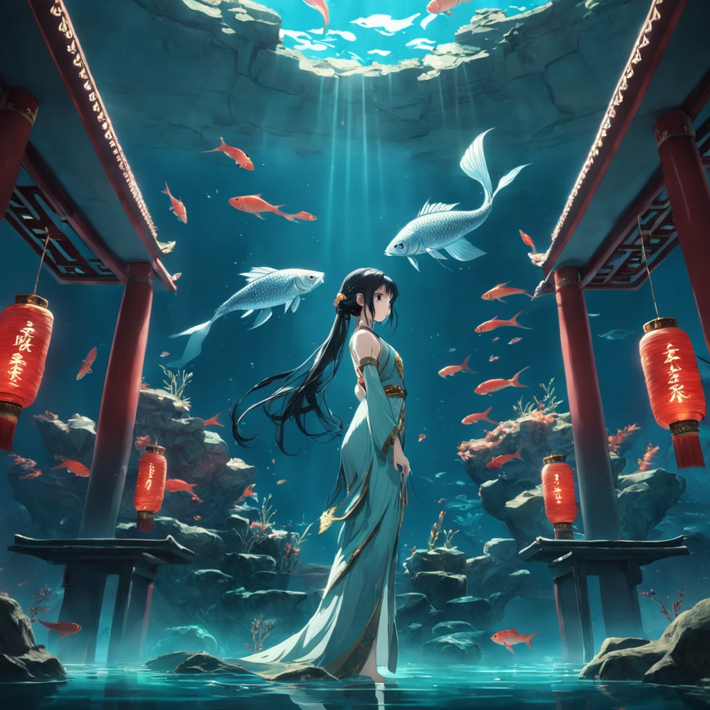 There was a woman standing on a stone in a fish tank, with ancient chinese aesthetic, closeup cinematic aquatic scene, Deep aesthetic, shaxi, japonisme 3 d 8 k ultra detailed, Chinese fantasy, inspired by Liu Jun, chinese artist, Underwater temple with fish, ancient china art style, hua cheng, aesthetic shot, highly aesthetic, Chinese style