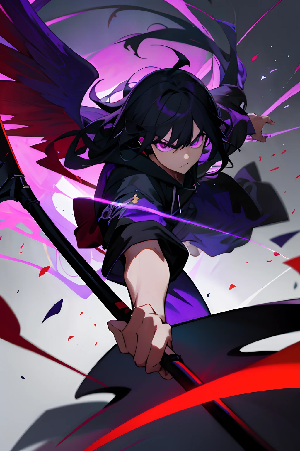 High frame rate,Masterpiece,Best quality,offcial art,Extremely detailed Cg Unity 8K wallpaper, 1 boy solo, Angry boy, Black hair,Dark black long-haired boy,long whitr hair,Purple pupils,Purple eye,The pupils glow,black toga,Hoodies,Surrounded by light,Look directly at the screen,serious-expression,Holding a scythe in his right hand,Scarlet sickle,Purple wings grew behind him,Purple wings。