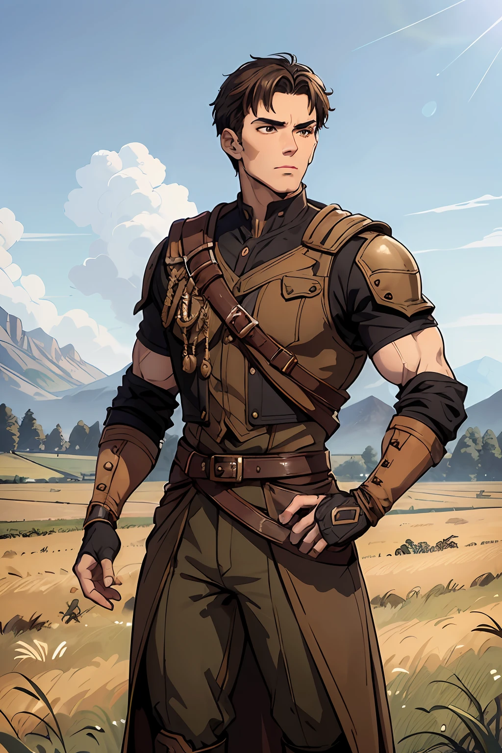 Adventurers outfit, uniform, damaged clothing, brown and dark clothing colour, young adult, 20 years, European face structure, German face structure, short hair, dark brown hair, muscular, tall, big muscles brown eyes, serious expression, 6.3 feet tall, strong, masculine face, masterpiece, fields background, dirt path background, adventurer world, Battlefield