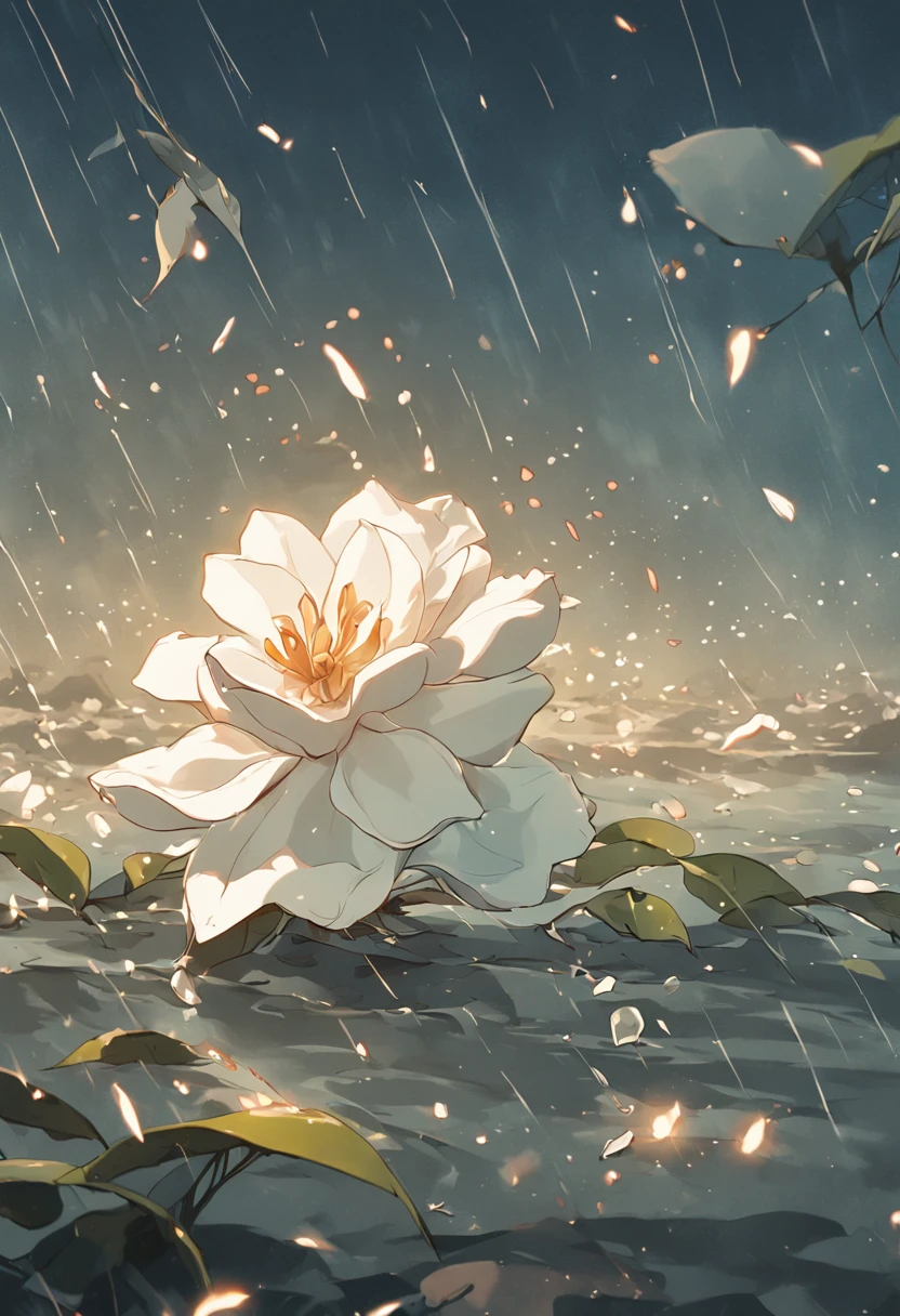 White gardenia floating on the sea,Broken petals are scattered on the sea,Rain hit the sea,Dark and gloomy sky