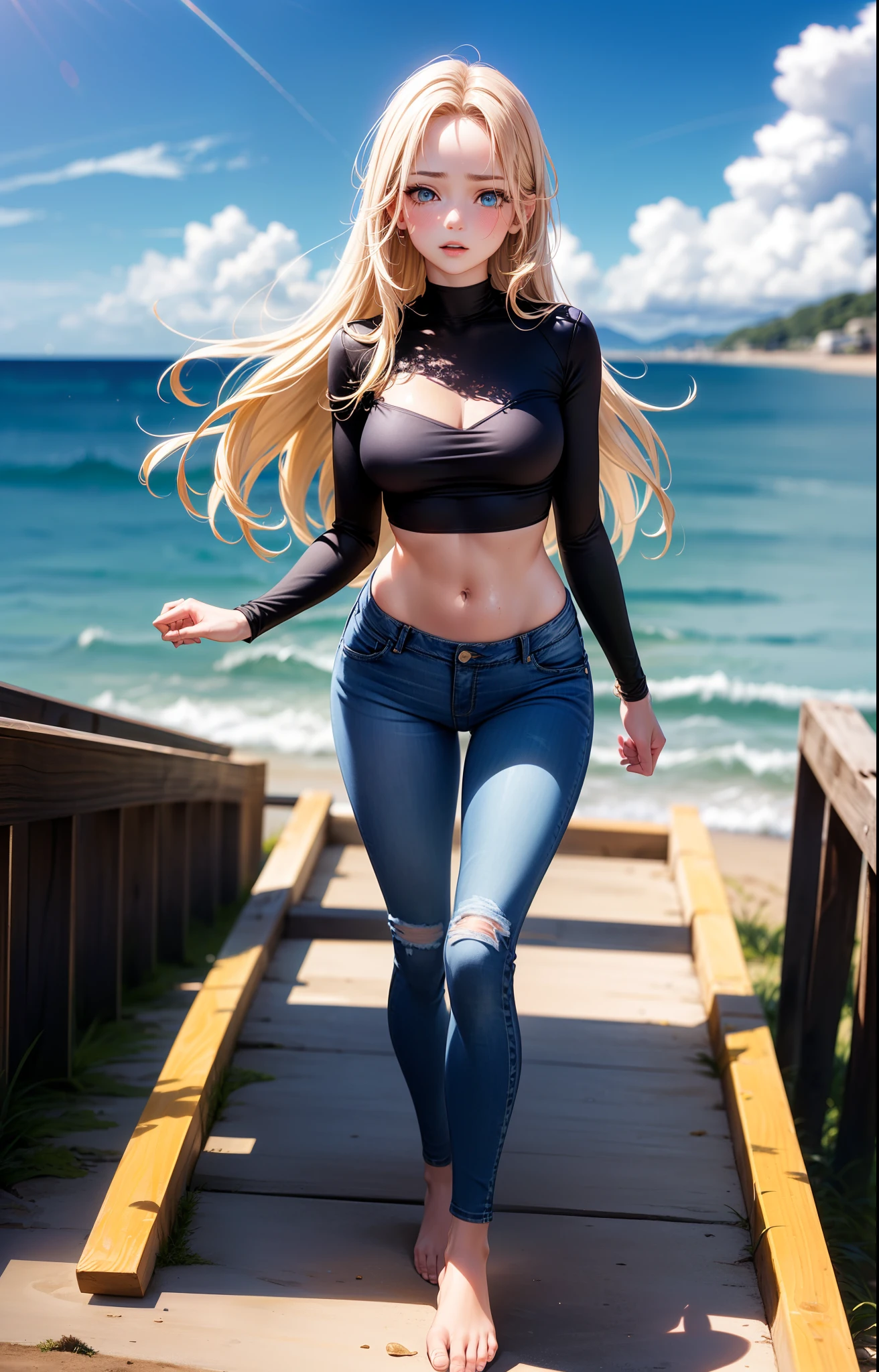 masterpiece, extremery magnificent view, perspective, extremery best quality, extremery detailed CG, 8k wallpaper, high resolution, highly detailed face, highly detailed eyes, perfect anatomy, super detailed skin,
(dynamic angle, dynamic pose:1.2), outdoors, beach, smooth waves, (portrait, legs focus, full body), (beautiful face, beautiful eyes, beautiful legs:1.3), ((((((peestain)))))), blush, worried,
1 girl, solo, (black top, blue jeans pants:1.3), (skinny jeans:1.3), long sleeves, medium breasts, blond hair, long hair, floating hair, straight hair, open forehead, (barefoot:1.3), blue eyes, (navel:0.8), skinny, slender, wide hips, thin waist