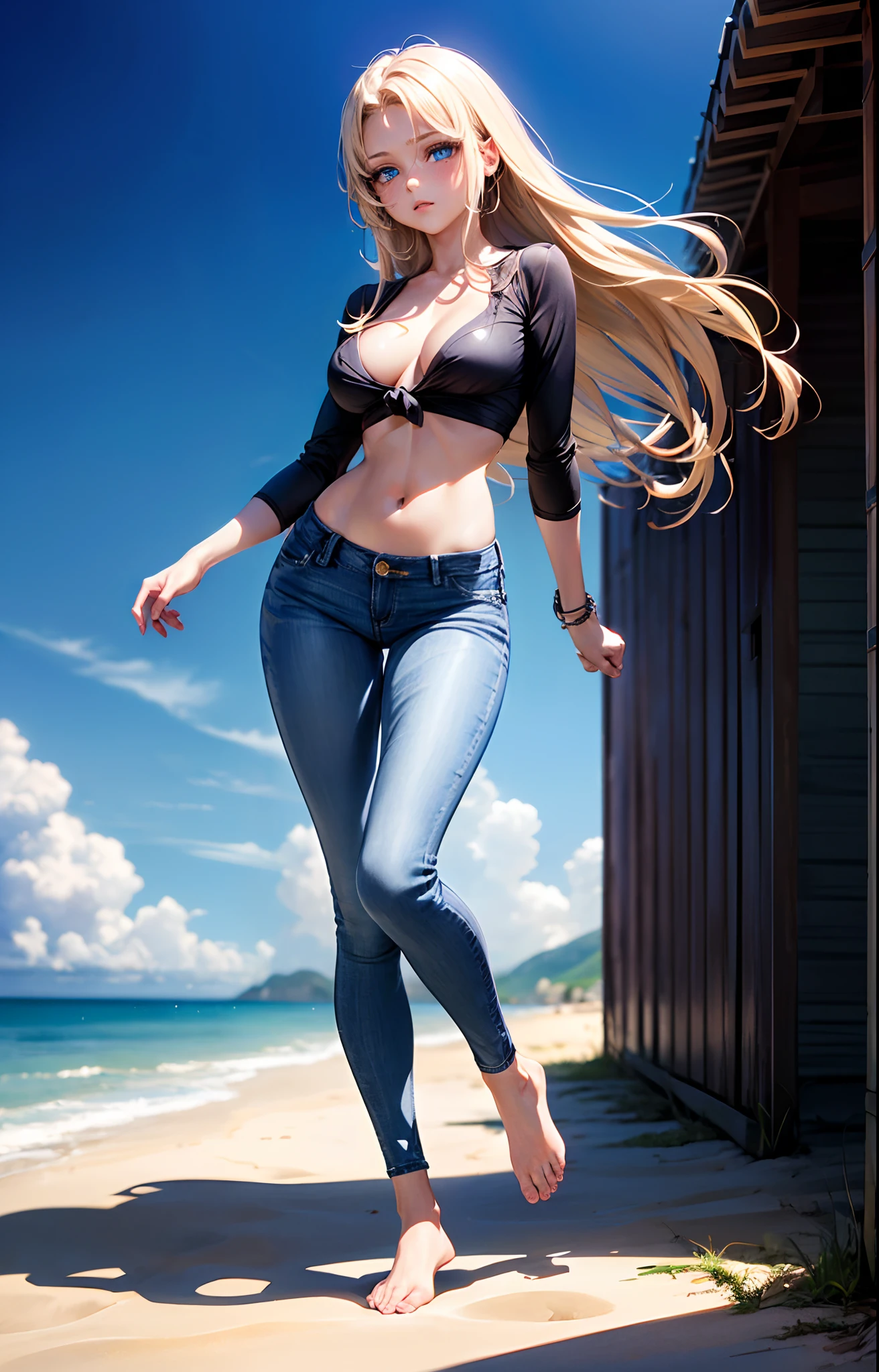 masterpiece, extremery magnificent view, perspective, extremery best quality, extremery detailed CG, 8k wallpaper, high resolution, highly detailed face, highly detailed eyes, perfect anatomy, super detailed skin,
(dynamic angle, dynamic pose:1.2), outdoors, beach, smooth waves, (portrait, legs focus, full body), (beautiful face, beautiful eyes, beautiful legs:1.3), ((((((peestain)))))), blush, worried,
1 girl, solo, (black top, blue jeans pants:1.3), (skinny jeans:1.3), long sleeves, medium breasts, blond hair, long hair, floating hair, straight hair, open forehead, (barefoot:1.3), blue eyes, (navel:0.8), skinny, slender, wide hips, thin waist