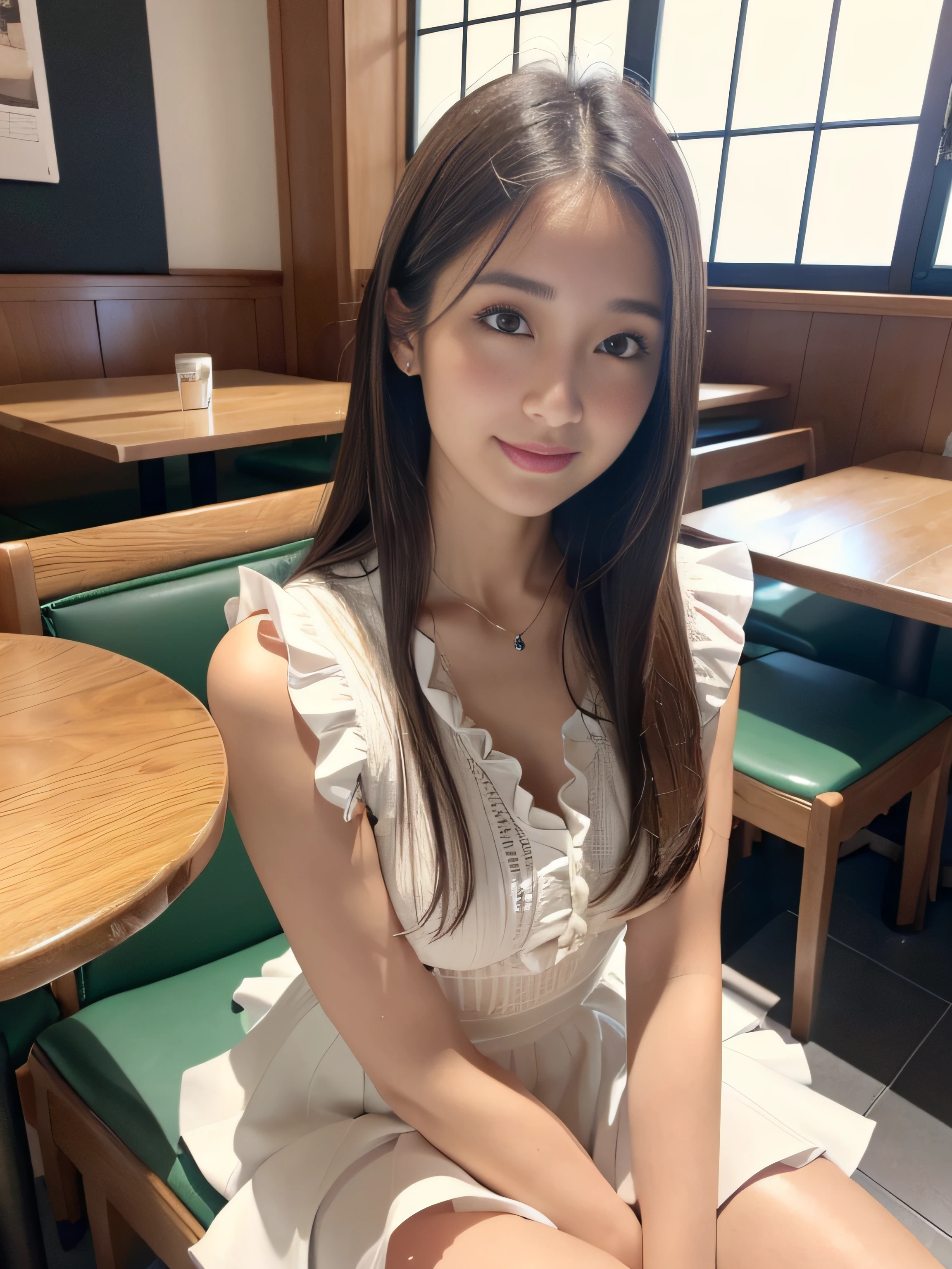 8K、Raw photography、(masuter piece:1.2)、(Photorealsitic:1.2)、(best qualtiy)、((Sleeveless with white frills))、((Adult woman in floral white skirt))、((japanes、32years old))、Light brown hair in one woman、((full body Esbian))、make - up、Smart body、A smile、Poses variadas、hyperdetailed face、A detailed eye、((No close-ups))、(Inside the café、Sitting on a chair)