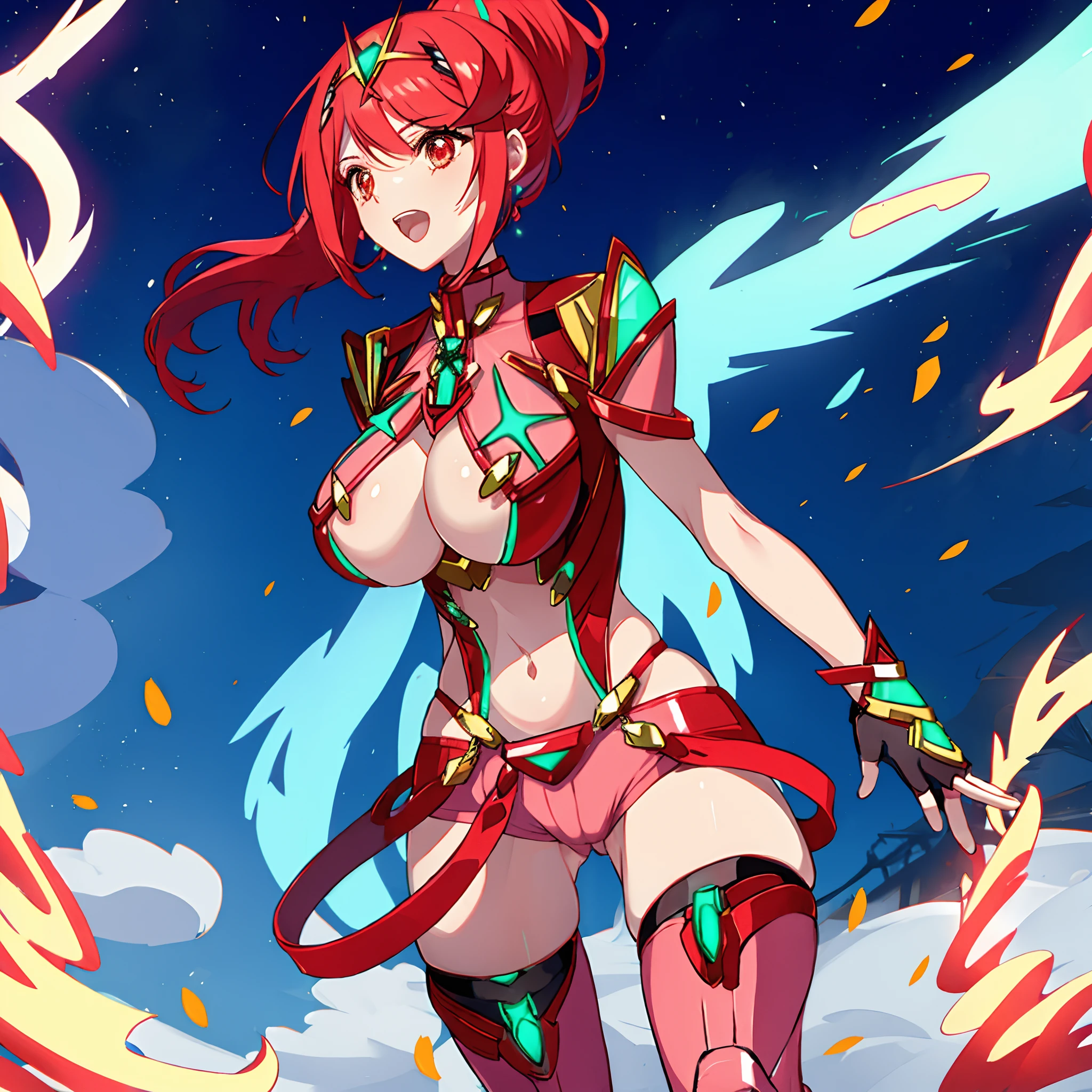 pyra \(xenoblade\),mythra \(xenoblade\), _2girl, lolimor, bangs, black gloves, breasts, red eyes, closed mouth, earrings, eyelashes, fingerless gloves, floating hair, framed breasts, gem, gloves, hair ornament, headpiece, jewelry, big_breasts, leaning back, leotard, neon trim, official art, pose, red hair, red shorts, saitou masatsugu, short hair, short shorts, short sleeves, shorts, sidelocks, skin tight, solo, standing, swept bangs, thighhighs, tiara, night_prairie_background, turtleneck, underbust, vambraces, xenoblade chronicles \(series\), (xenoblade chronicles 2), apart_legs, fire_effect,dynamic_pose,fighting,light_smile, (plump:1.1), big_ass,huge_sword, hold_large_sword_hilt, scovered_nipples, (covered_pussy:1.2),cameltoe,open_mouth,back_view, fists,ponytail,plump,