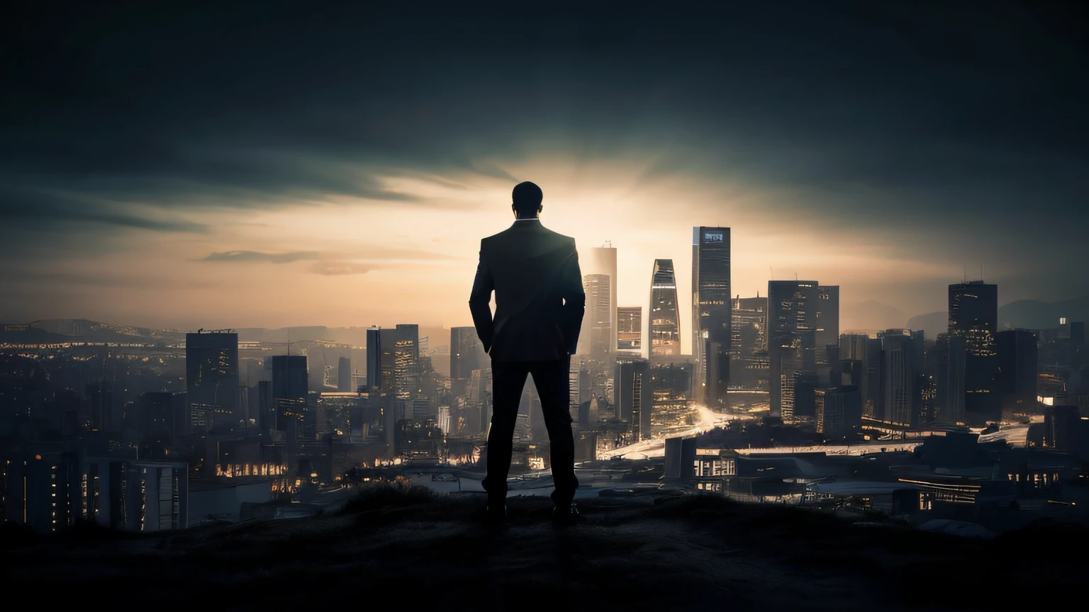Man standing on a hill overlooking a city at night, Olhando para a cidade, com vista para uma cidade moderna, Olhando para a cidade, man standing, he is traversing a shadowy city, standing on a skyscraper rooftop, creating an ominous presence, Cidade em segundo plano, cidade em segundo plano, com uma cidade em segundo plano, city backdrop