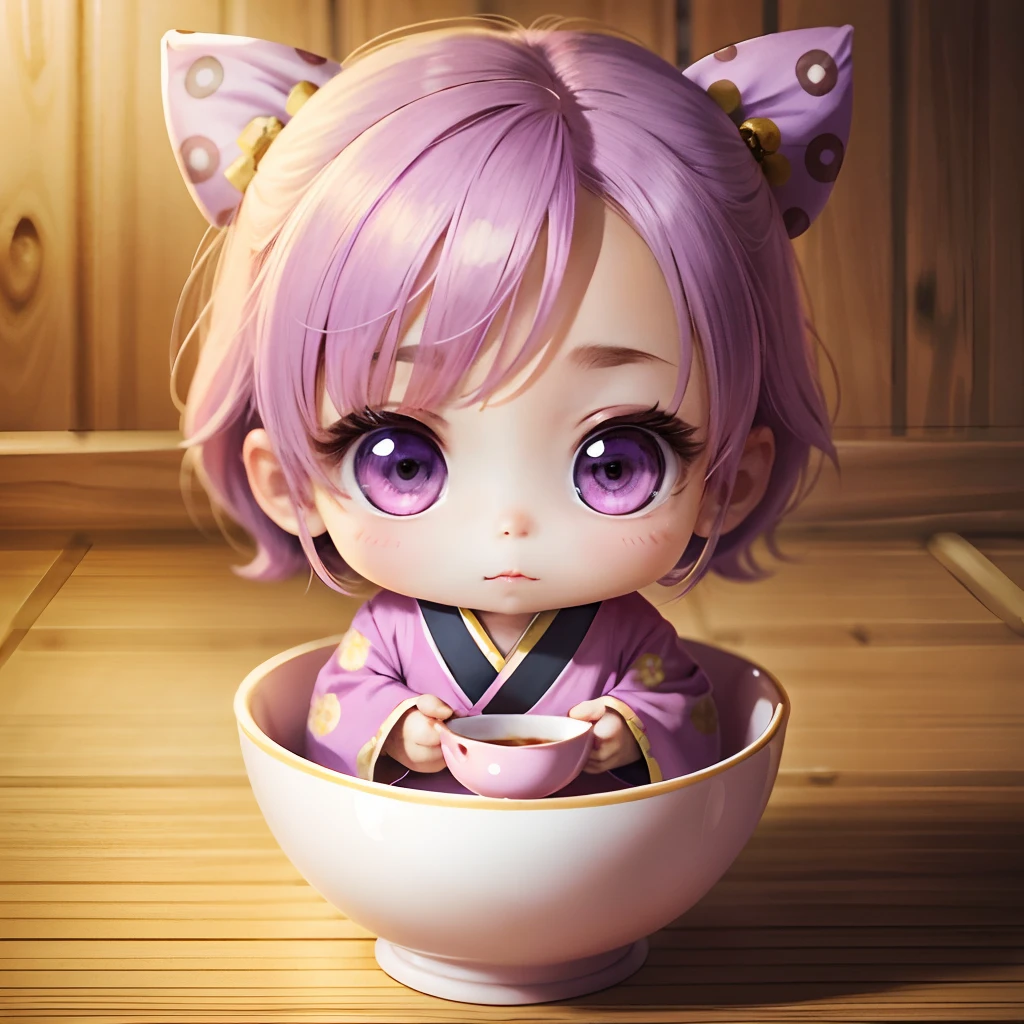 Cute Baby Chibi Anime,Purple and blue kimono,Sit in a bowl,Fairytale Forest