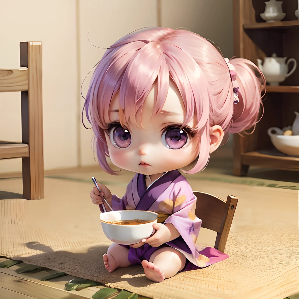 Cute  Chibi Anime, Purple and pink kimono, Sit in a teacup