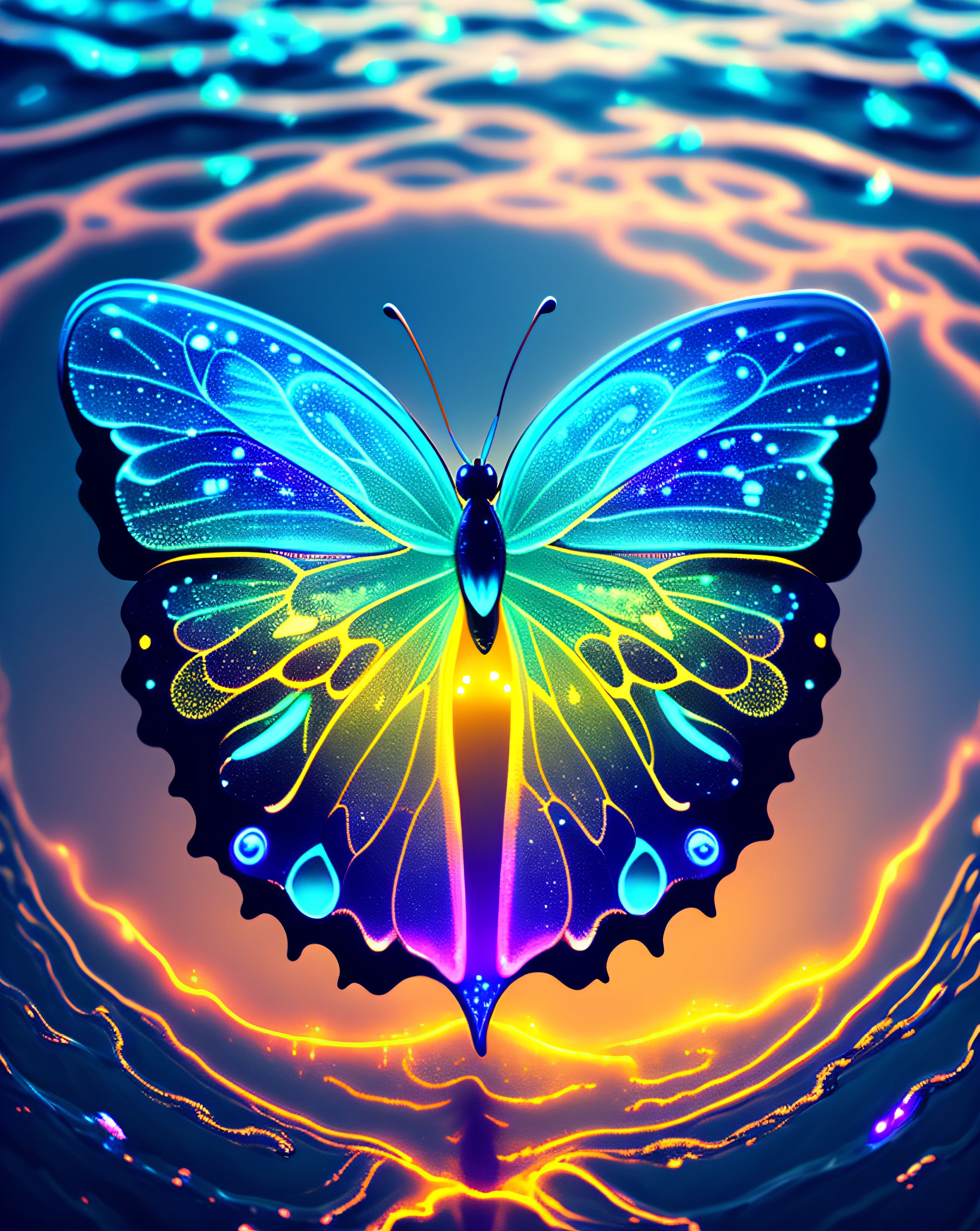 bioluminiscent butterfly on water, fireflies, 4k