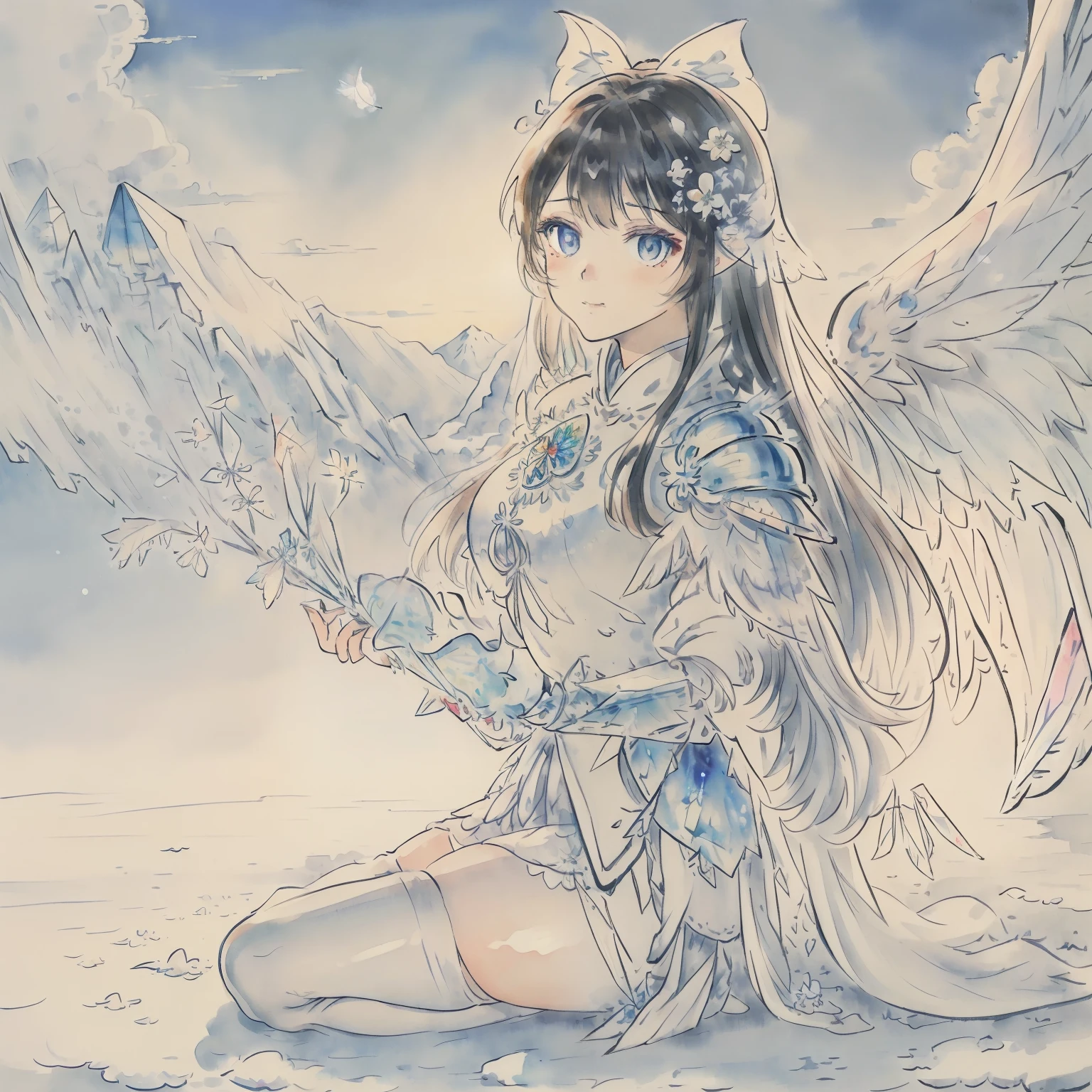 masterpiece,{{{best quality}}},(illustration)),{{{extremely detailed CG unity 8k wallpaper}}},game_cg,(({{1girl}})),{solo}, (beautiful detailed eyes),((shine eyes)),goddess,fluffy hair,messy_hair,ribbons,hair_bow,{flowing hair}, (glossy hair), (Silky hair),((white stockings)),(((gorgeous crystal armor))),cold smile,stare,cape,(((crystal wings))),((grand feathers)),((altocumulus)),(clear_sky),(snow mountain),((flowery flowers)),{(flowery bubbles)},{{cloud map plane}},({(crystal)}),crystal poppies,({lacy}) ({{misty}}),(posing sketch),(Brilliant light),cinematic lighting,((thick_coating)),(glass tint),(watercolor),(Ambient light),long_focus,(Colorful blisters),ukiyoe style