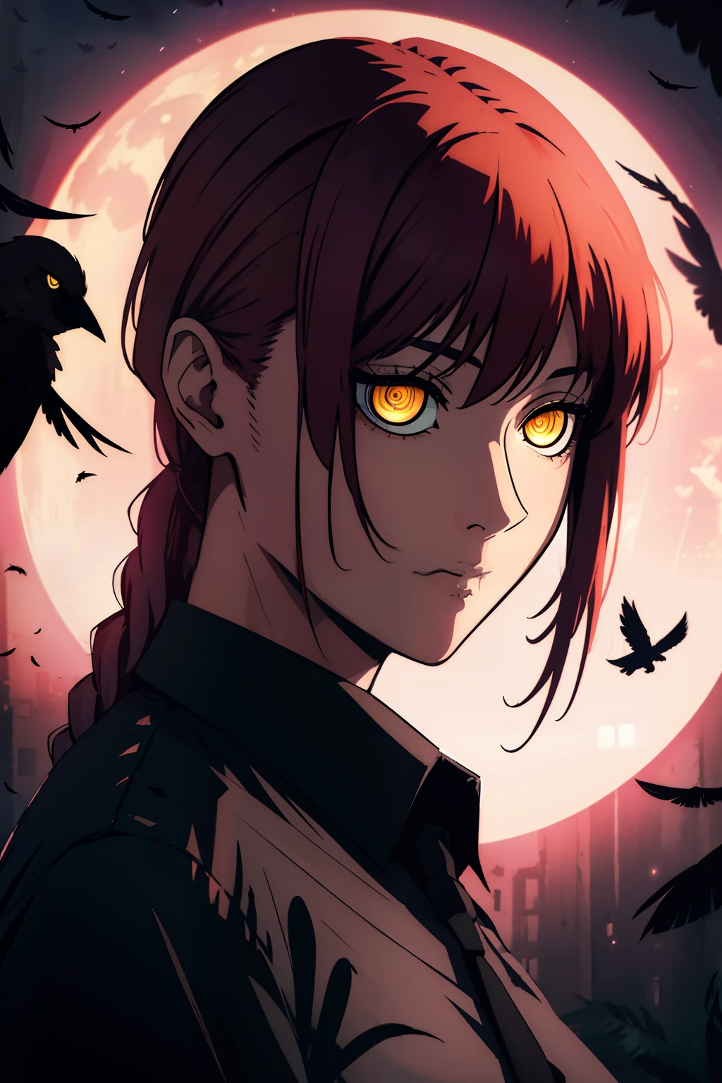 masterpiece, gorgeous, best quality, highres, 1girl, solo,cute, red_haired, dangerous,vivid eyes,yellow eyes, alone, night, mesmering eyes, moon, bangs, hair braid, BREAK intimate, long braid, digital art, high details, modern, intricate, perfect face, traced lights, scary, (sensual), misteryous, BREAK (makima \(chainsaw man\), backlight, glowing eyes, artistic, wallpaper, black tie BREAK superior, braid,cinematic, absurdes, crow, dark bird, feathers