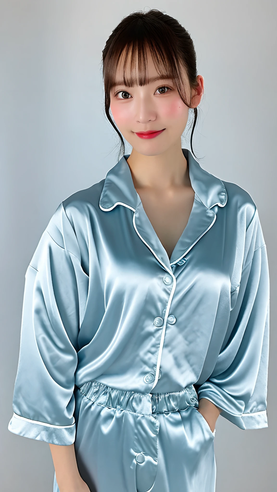 Best quality, best image quality, highest resolution, super detailed, wearing satin pajamas, the material of satin pajamas is shiny, soft and smooth to the touch, no underwear is worn, Chest is C cup, Japan fashion model, full body shot so that the face is also included, the subject is alone, sweaty,