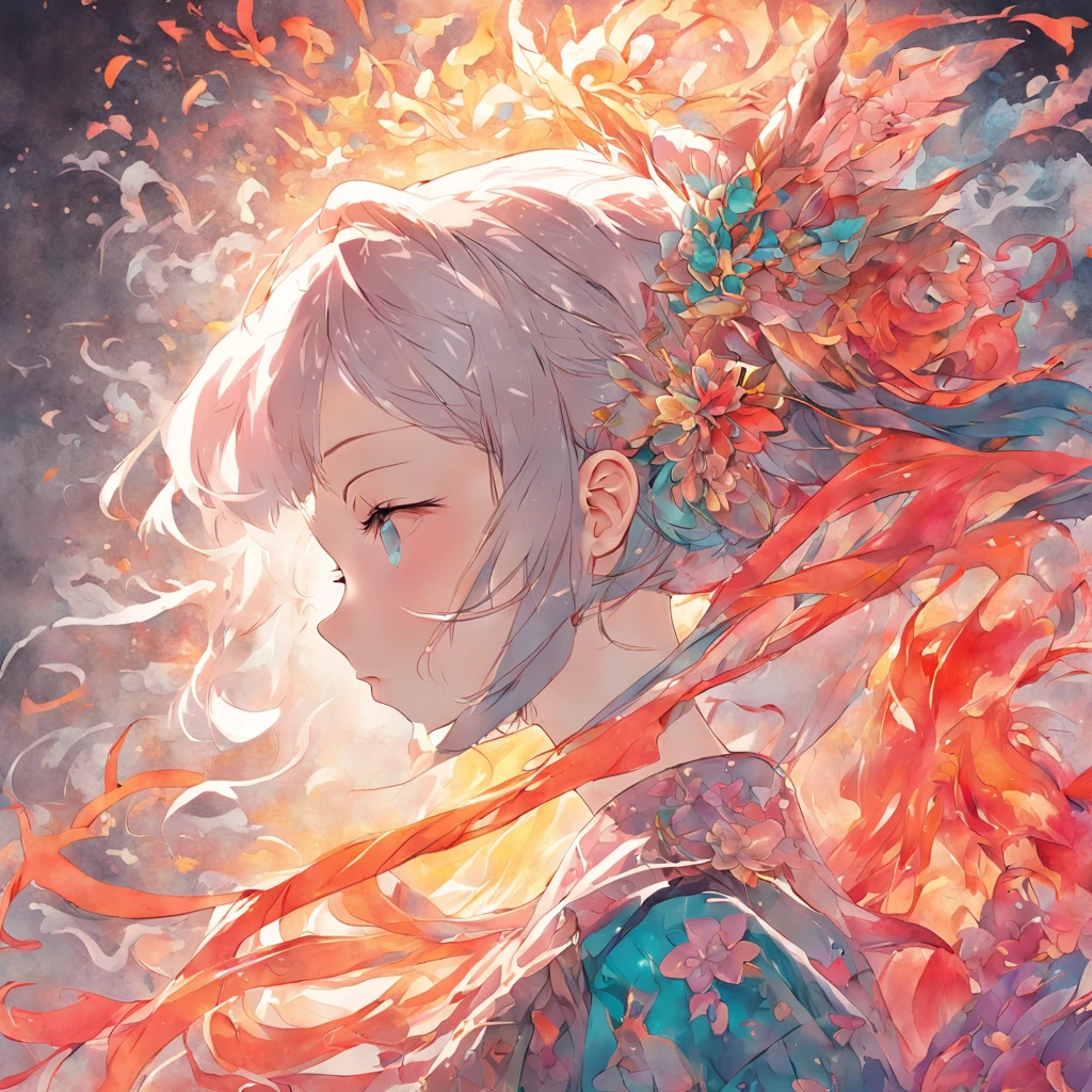 (White background:1.4),(Silhouette of a girl's head, Eyes closed, colorfull long hair, Oriental elements)，(Chinese illustration:1.3，paper art:1.3, Quilted paper art:1.2),( reasonable design, Clear lines, High sharpness,Best quality, Very detailed, Masterpiece, movie light effect, 4K )