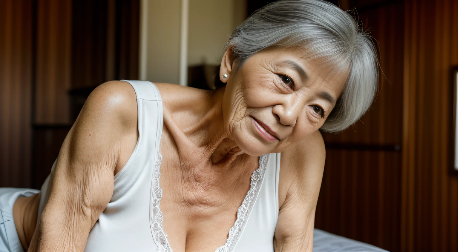 An ugly old woman, An old grandmother, Rough skin，Very large breasts East Asian black hair