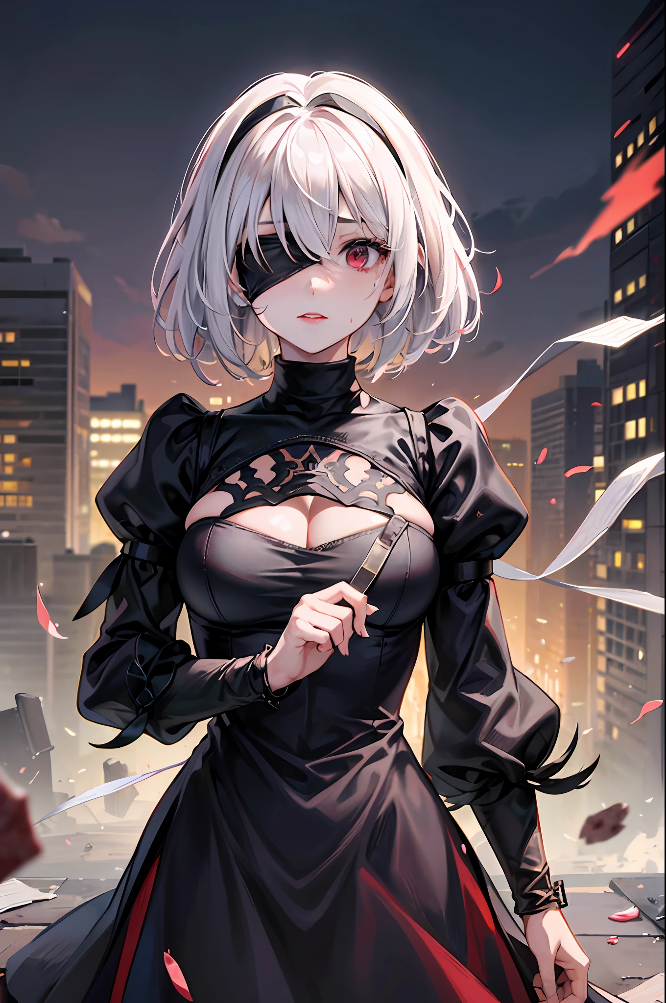 yorha no. 2 type b, 1girll, Blindfold, Breasts, cleavage, cleavage cutout, clothing cutout, hair between eye, shairband, A high resolution, Juliet sleeves, Long sleeves, Puffy sleeves, Red lips, shaded face, Short hair, Solo, Turtleneck, White hair, White background,full bodyesbian,Blood fog, Background_city rooftop,((ruin)),despair,Blood Sakura,((Masterpiece)), (((Best quality))), ((Ultra-detailed)), ((illustration)), ((Disheveled hair)),Blood Cherry Blossom,Torn clothes,Solo,Blood rain,Bandages,Gunpowder smoke,beautiful deatailed shadow, Splashing blood,Dust,Tyndall effect