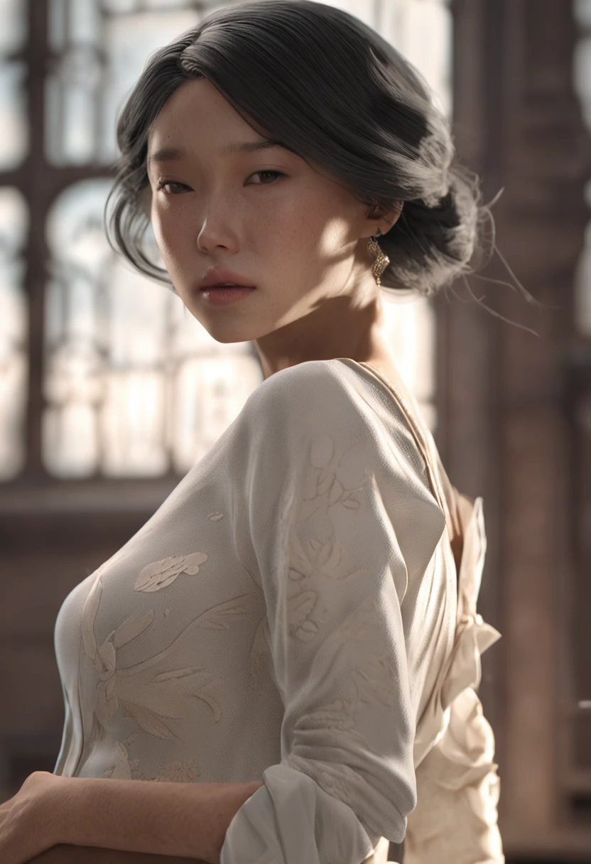 {{{{Masterpiece, Realistic, Extremely detailed, Intricate details, Sharp focus, 8K, A high resolution, Depth of field, absurderes, high quality facial shadowing, dynamic shadowing, Cinematic lighting, Perfect lighting}}}}, Best quality, asian qualities, {facingviewer}, {Front view}, {with hands behind her back}, {Solo}, Beautiful young girl, {{{Extremely detailed girl, Perfect anatomy, Perfect body}}}, {{{Beautiful delicate and sweet buttocks, Vibrant gray hair}}}, {{{Sweet multi-layered hair}}}, {{beautiful-detailed facial structure}}, {{Detailed beautiful face}}, {{Sexy face}}, {{Detailed face:1.33}}, {{美丽细致的眼睛}}, Big eyes, {{{{Detailed dark blue eyes}}}}, {{{{High detail, Sharp, Clear and cloudless black cat's eye pupils}}}}, {{{{vibrant eye colors}}}}, {{Detailed big}}, {{{Beautiful and delicate big}}}, {{breasts parted}}, {{Slim arms}}, {{{{beautiful-detailed fingers}}}}, {{Slim waist}}, {{Thick thighs}}, {{{ass showing}}}, {{{perineum showing}}}, {{{ Oozing between the legs}}}, {{{Detailed legs}}}, {{{Blushing}}}, {{Cute and shy expression}}, {{aroused}}, {{Slightly open mouth}}, Fashion, Wedding dress, shift dresses, {{{Beautiful details sexy transparent white strapless high single slit wedding dress}}}, {{{Delicate and detailed white high heels}}}, {{Stand in a dimly lit banquet hall,Chandeliers hang overhead,Moonlight shone through the windows}}, NSFW