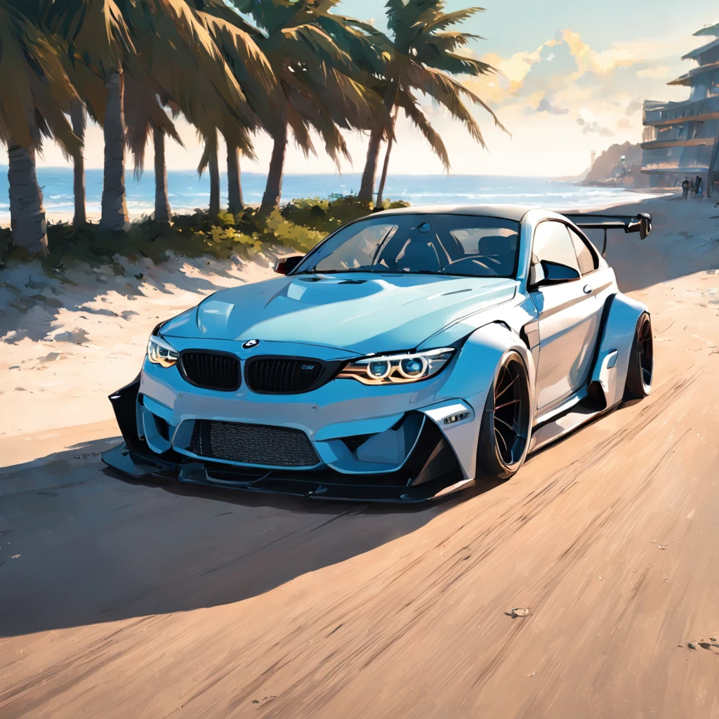 Bmw with liberty walk bodykit, riding on beach, in sunshine morning
