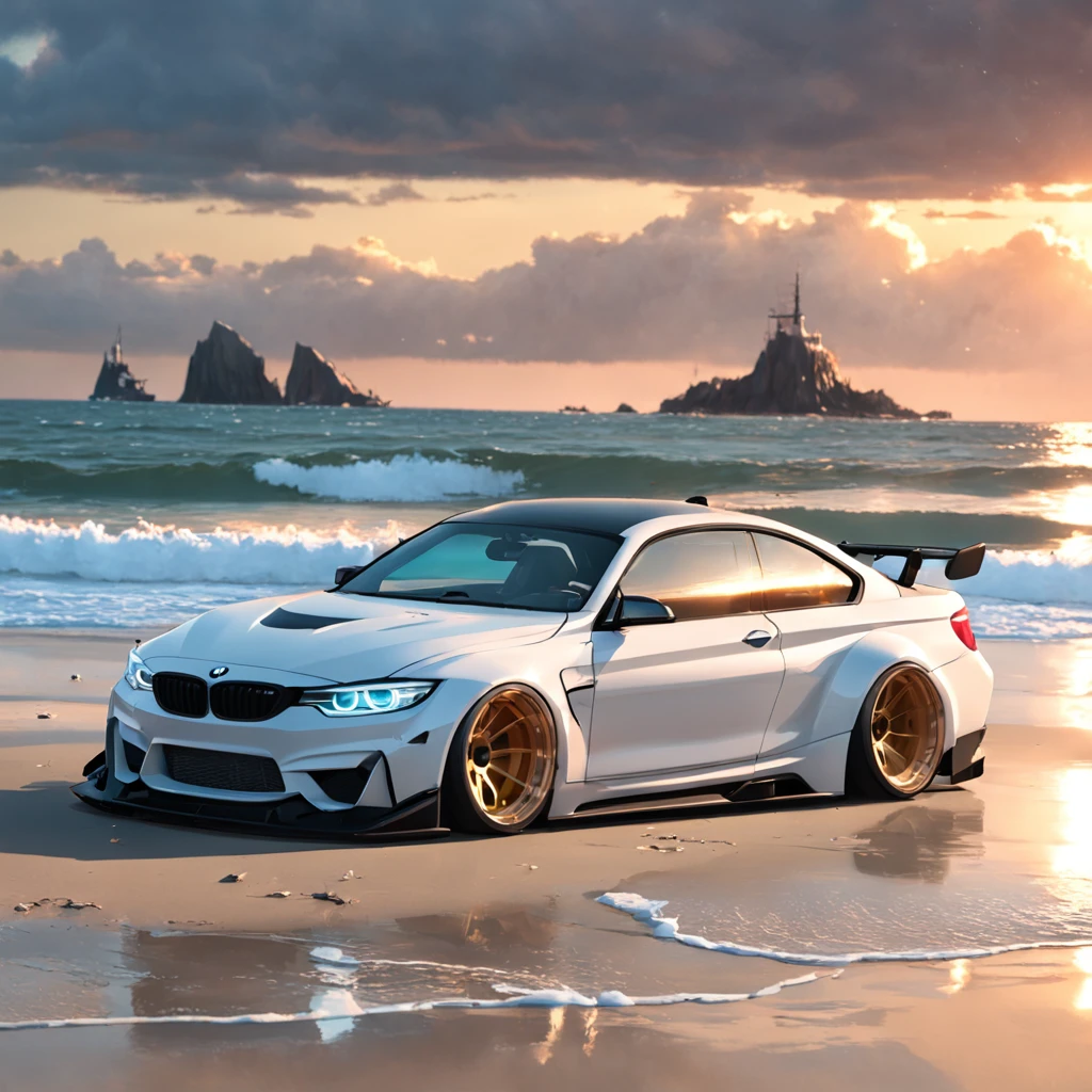 Bmw with liberty walk bodykit, riding on beach, in sunshine morning