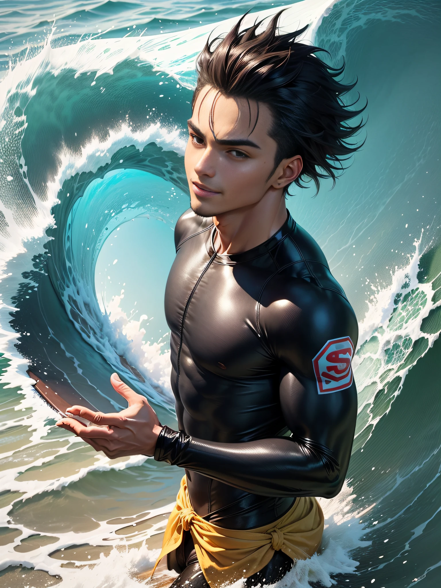 (superfine illustration, Best Quality, Ultra-detailed, anime style:1.5), (African male, tanned, wet:1.3), (male focus, solos, surf, Perfect fingers, Perfect hands, male body:1.5), 25 years old, joyful smile, (rash guard:1.3), beach as background, from above, dreadlock, male hair, messy hair, no sidelock, hair pulled back, male face, male eyebrows, sharp eyes, sharp nose, forehead, dynamic angle,