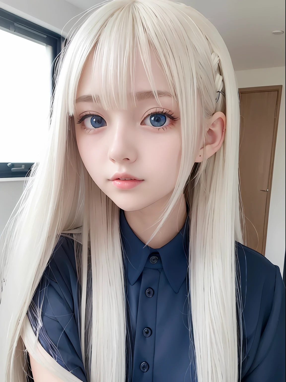 portlate、School Uniforms、bright expression、poneyTail、Young shiny shiny white shiny skin、Best Looks、Platinum blonde hair with dazzling highlights、shiny light hair,、Super long silky straight hair、Beautiful bangs that shine、Glowing crystal clear attractive big blue eyes、Very beautiful nice cute 16 year old girl、Lush bust