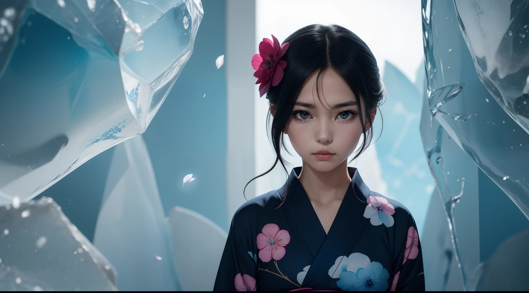 A single anime woman is looking at the camera, with black eyes and black tied up hair, wearing a navy blue flower petal printed yukata, is standing in front of a absolute icy blue background and is curiously looking at the camera with one of her eyebrow up in curiosity. This is a promotional picture. She is alone. SFW.