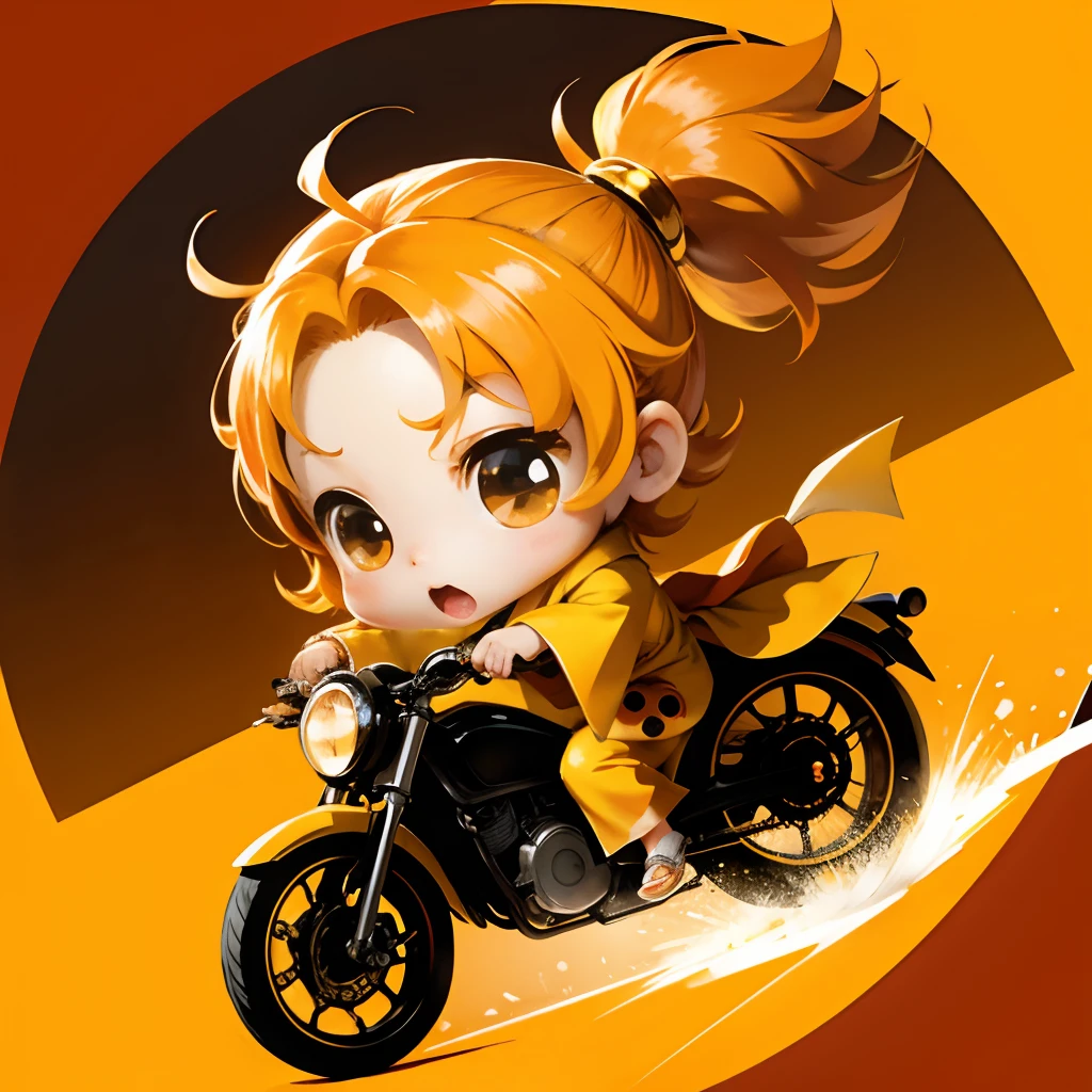 Cute Baby Chibi Anime, Yellow and orange kimono, Riding on a disk