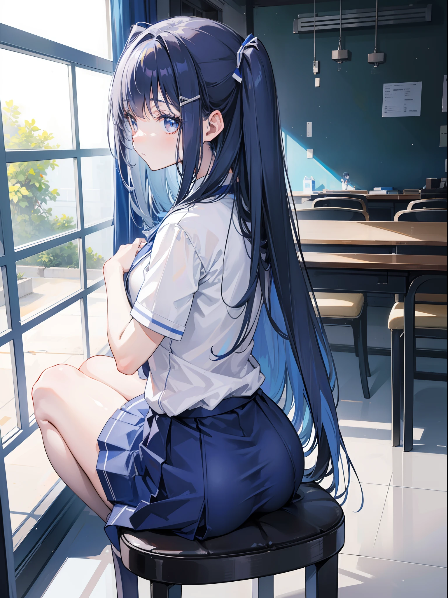 1girl, 164 cm height, tall girl, navy colored hair, very long hair, white silver eyes, blue skirt, high school uniform, blue ribbon, sitting, butt form, back view, no looking, sit on chair, crouching, butt view