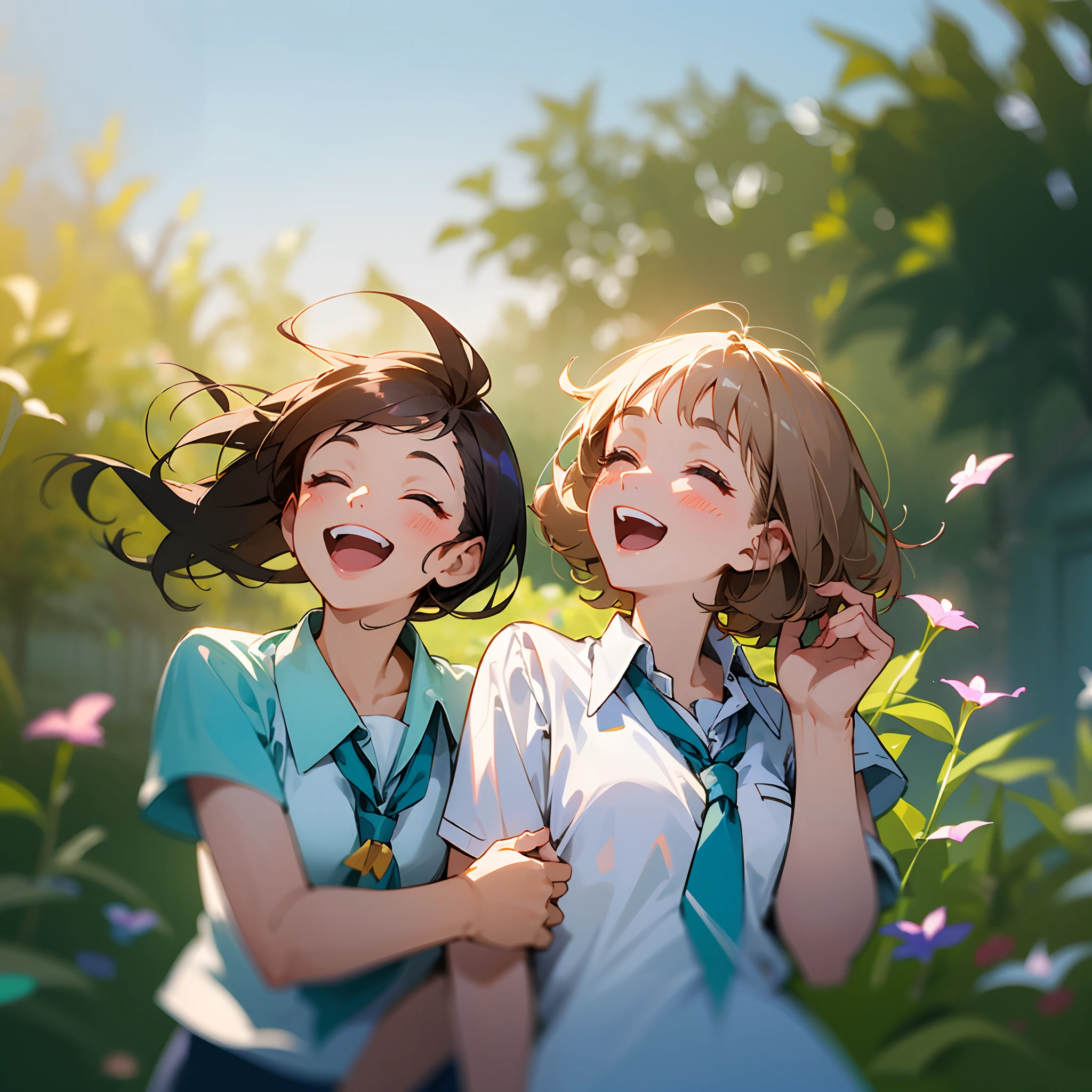 Light places, happiness, two friends are laughing in school's garden, morning --auto --s2