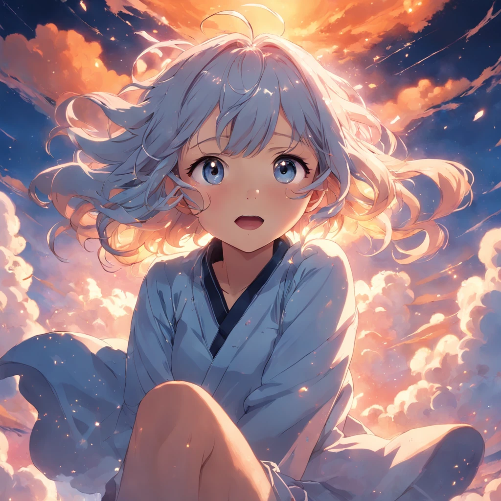 masterpiece, best quality, movie still, 1girl, cloud girl, floating in the sky, close-up, bright, happy, warm soft lighting, sunset, (sparks:0.7)